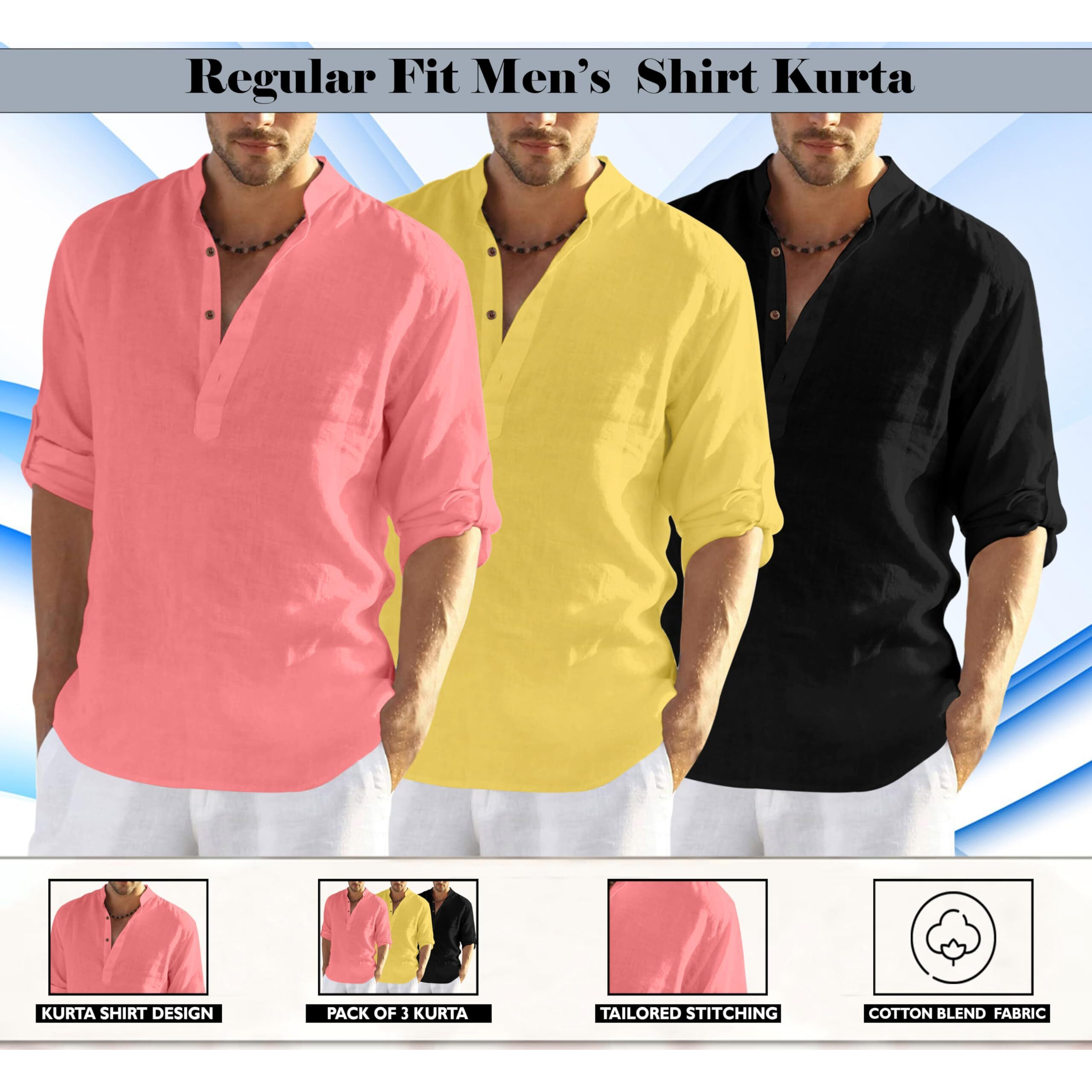 Zombom Mens Cotton Polyester Blend Regular Fit Solid Full Sleeve Kurta Shirt, 2Xl, Multicolor, Combo Pack Of 3