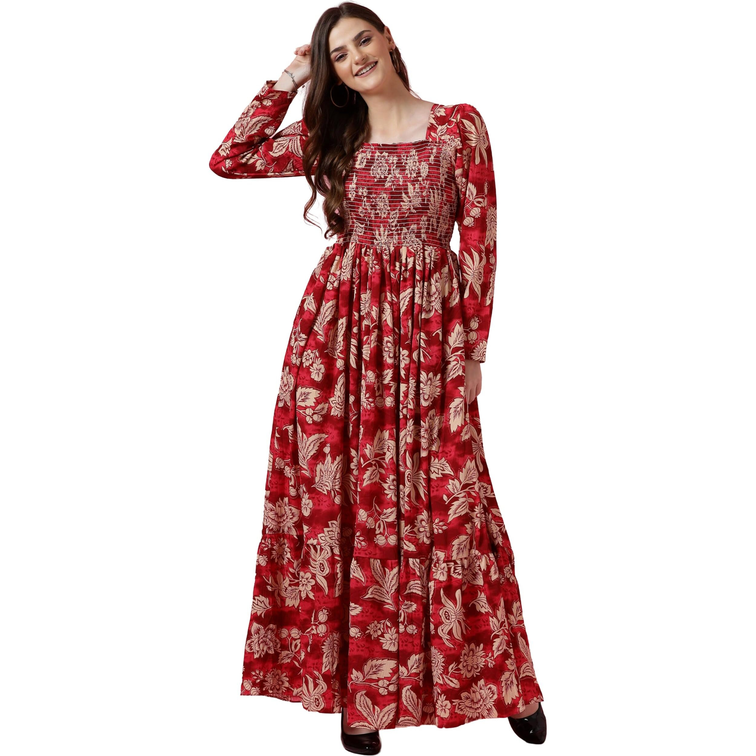 Sheetal Associates Womens Maxi Floral Print Crepe Regular Sleeves Casual Dress Red