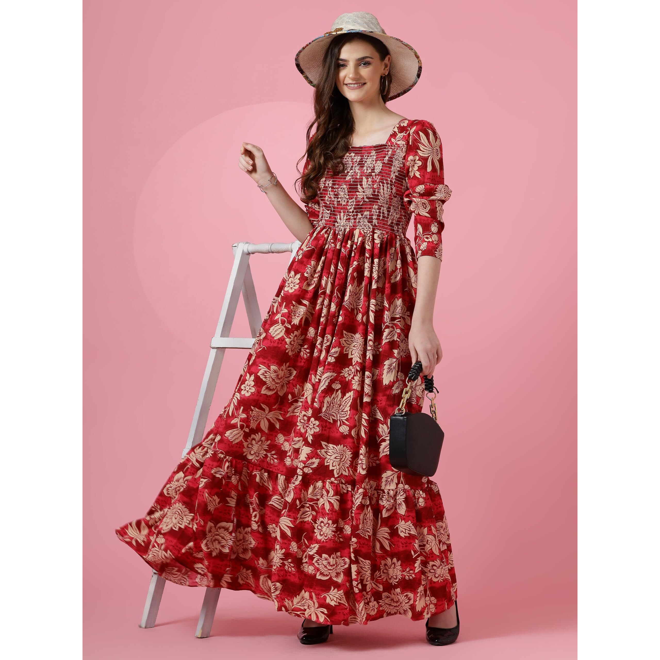 Sheetal Associates Womens Maxi Floral Print Crepe Regular Sleeves Casual Dress Red