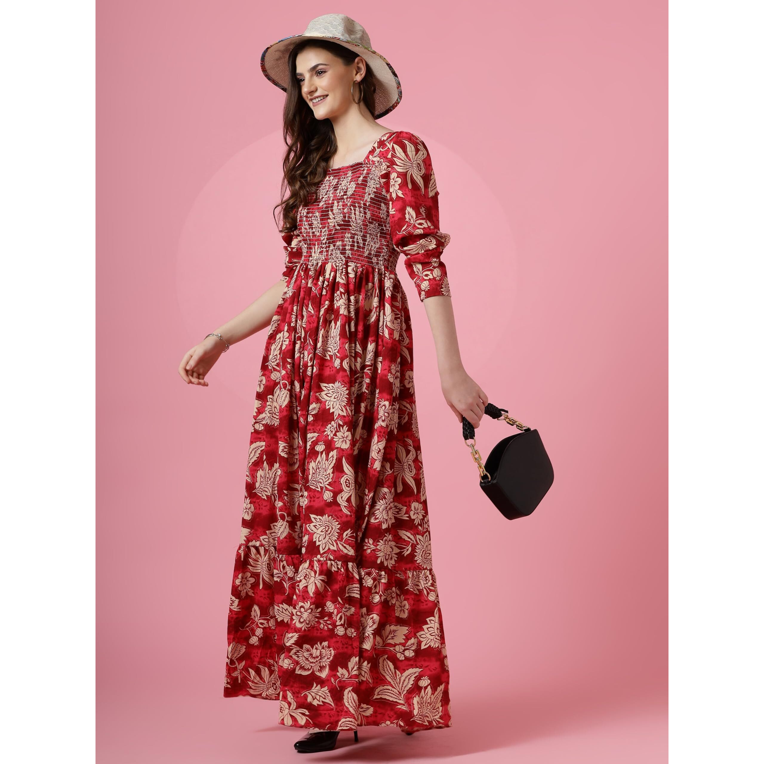 Sheetal Associates Womens Maxi Floral Print Crepe Regular Sleeves Casual Dress Red
