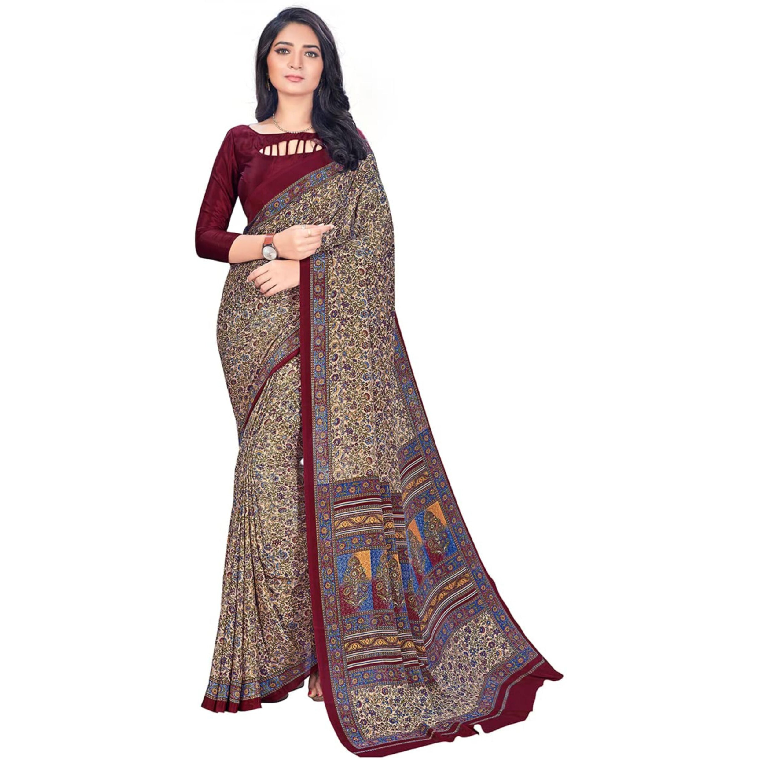 Vimla Womens Multicolour Crepe Silk Uniform Saree With Blouse  Elegant, Comfortable, And Stylish Saree For Office, Perfect For Every Occasion (Angoori)