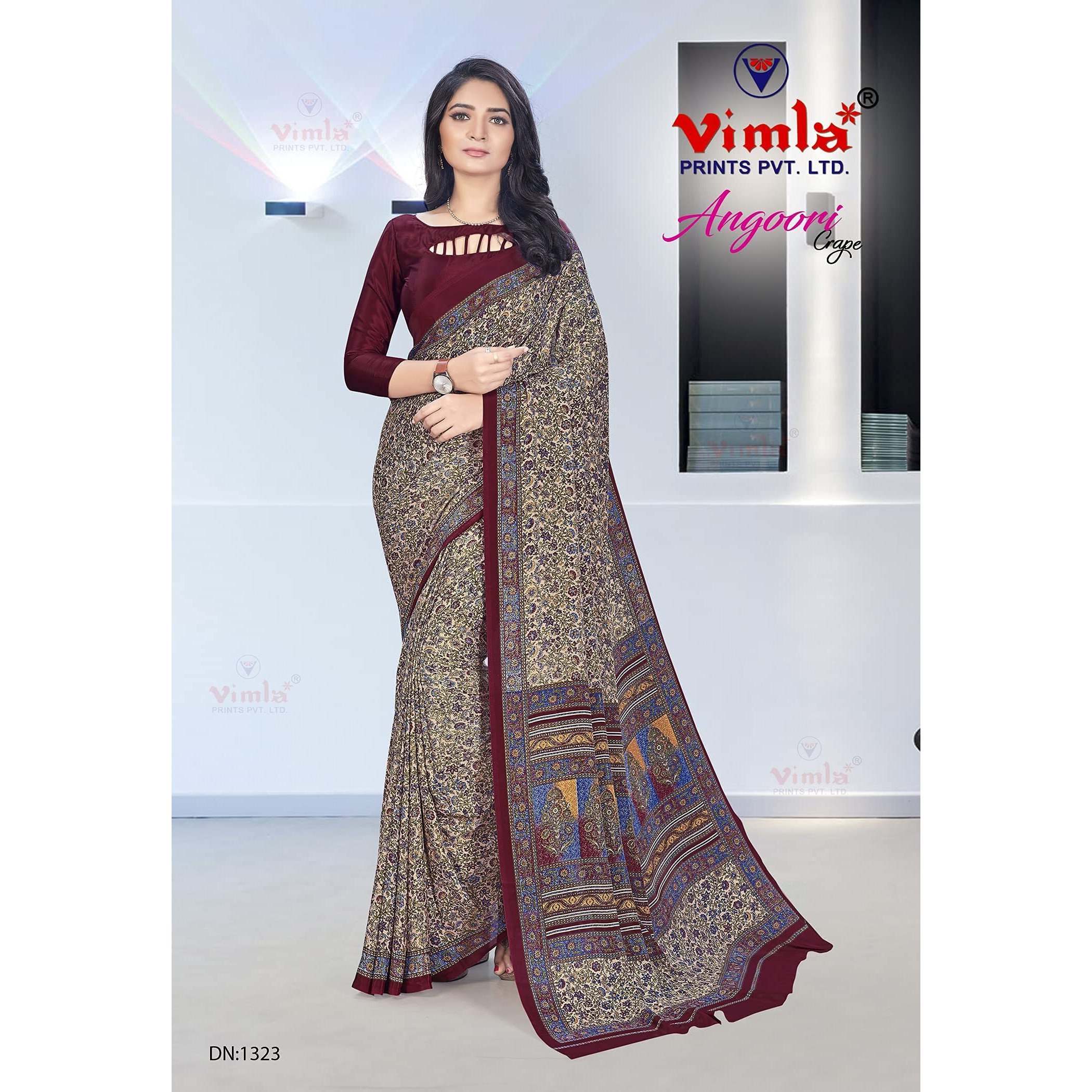 Vimla Womens Multicolour Crepe Silk Uniform Saree With Blouse  Elegant, Comfortable, And Stylish Saree For Office, Perfect For Every Occasion (Angoori)