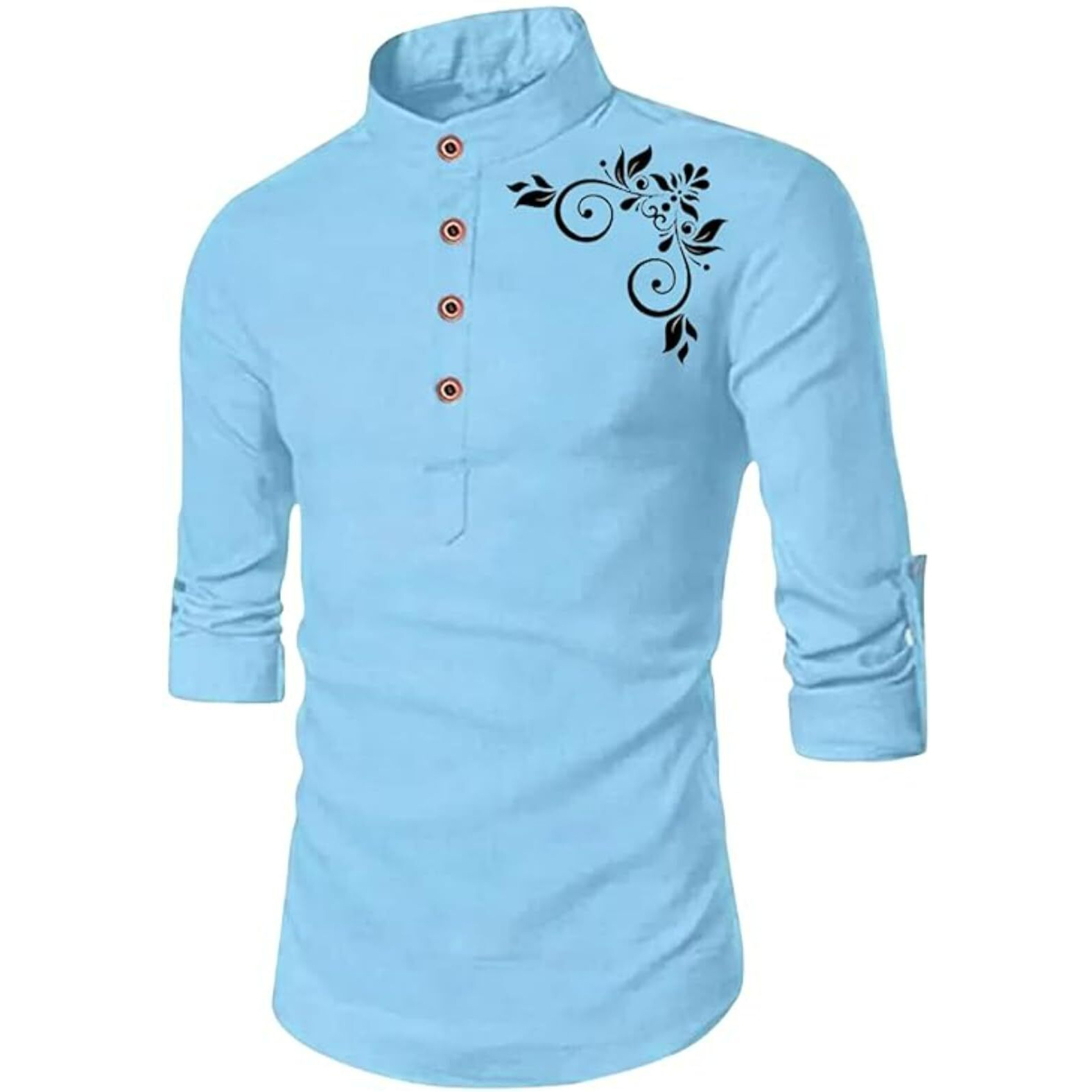 Deelmo Full Sleeve Short Kurta Shirt With A Trendy Mandarin Collar Crafted From A Premium Cotton Blend For Comfort Ideal For Mens (Medium, Blue)