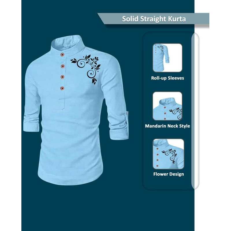 Deelmo Full Sleeve Short Kurta Shirt With A Trendy Mandarin Collar Crafted From A Premium Cotton Blend For Comfort Ideal For Mens (Medium, Blue)