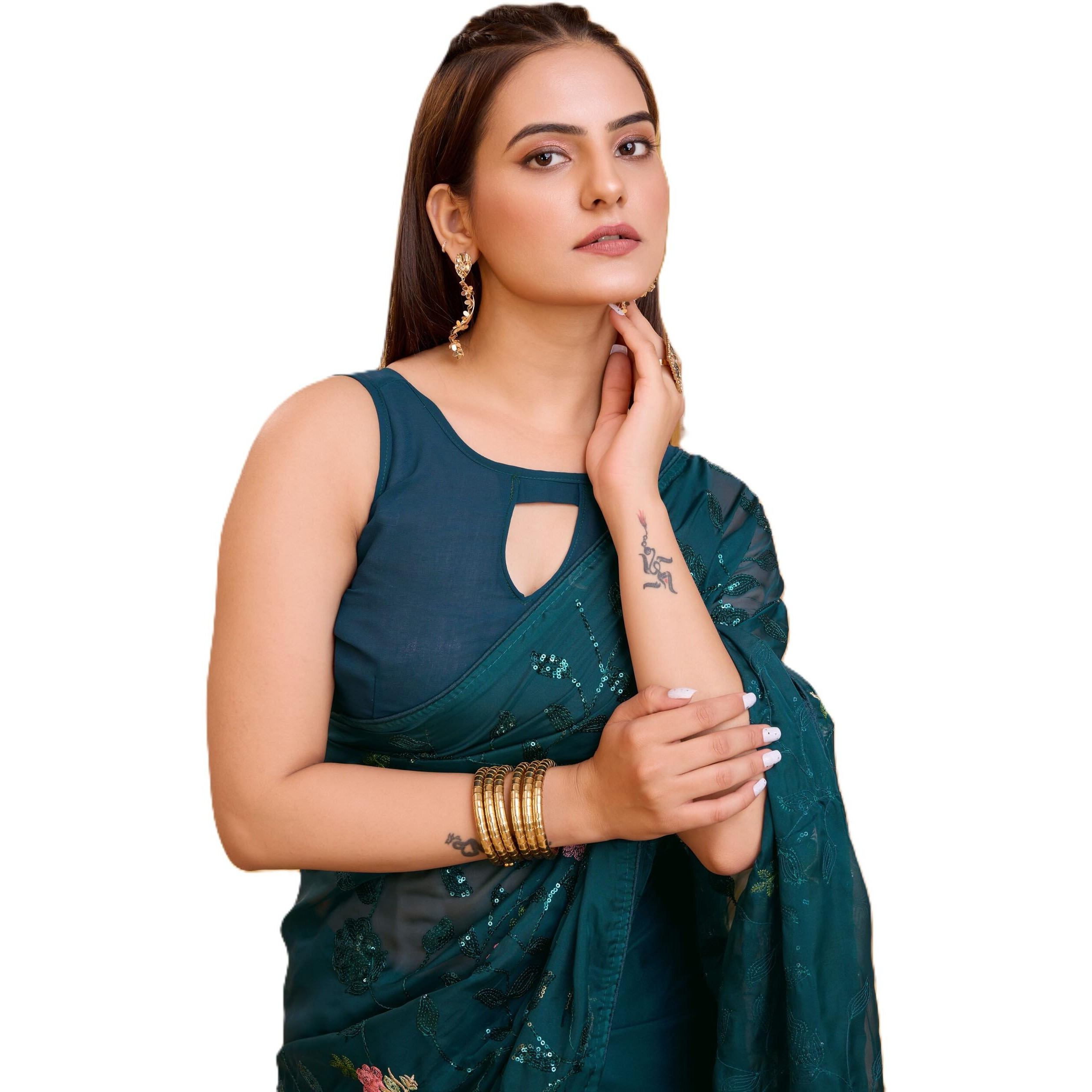 Vairagee Women Teal Blue Soft Organza Embroidery Saree (6175_4)