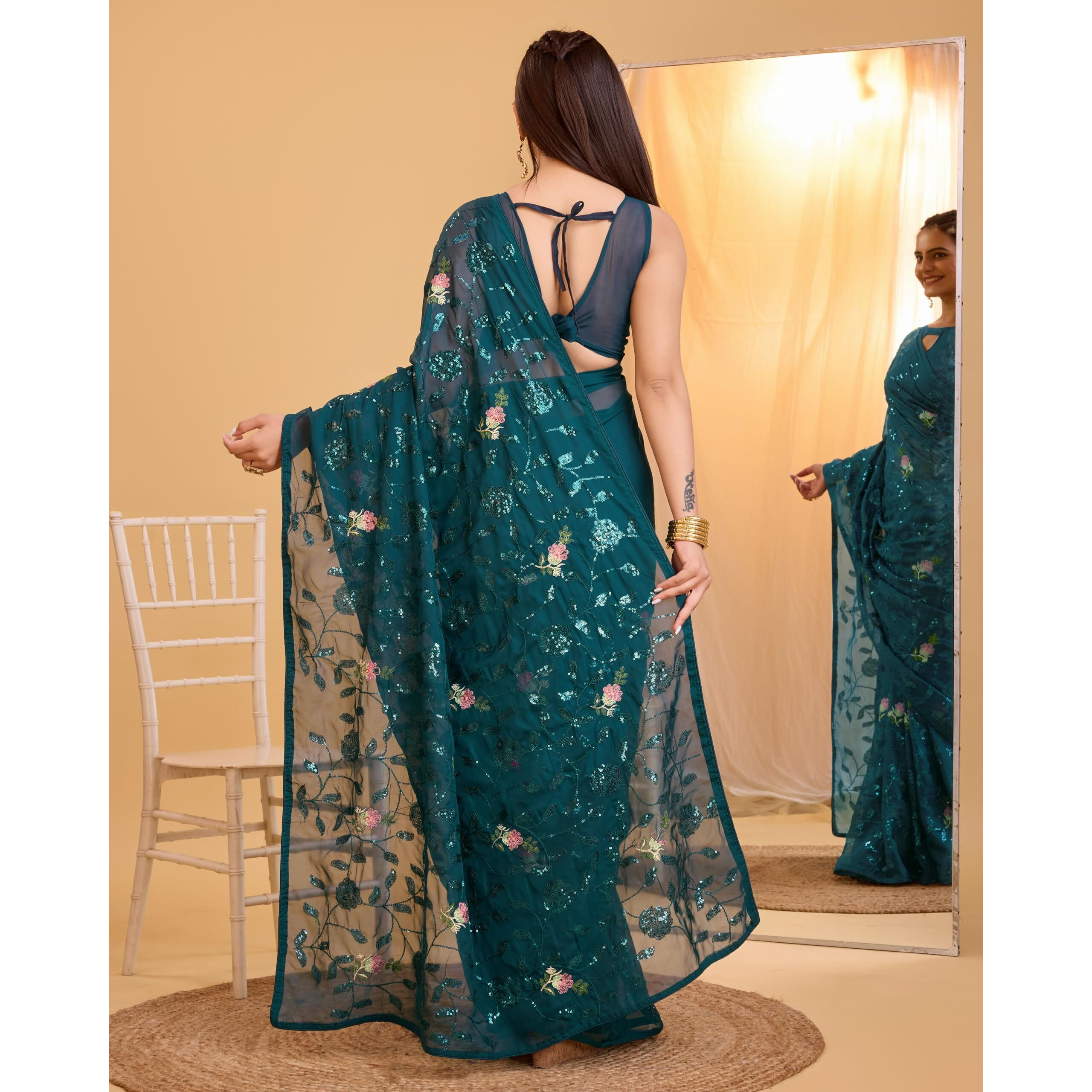 Vairagee Women Teal Blue Soft Organza Embroidery Saree (6175_4)