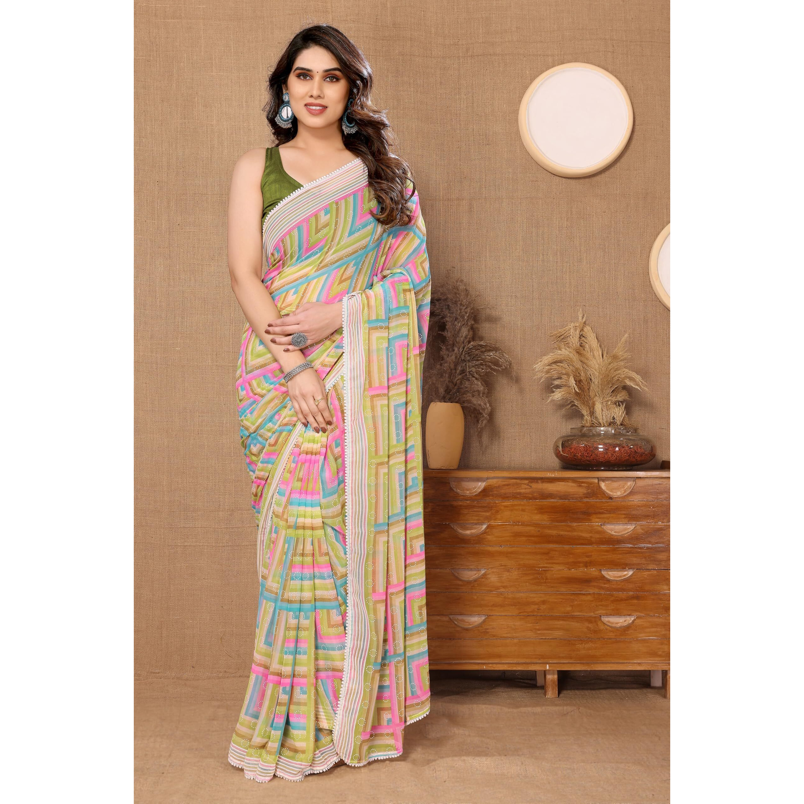 Ekasya Charming Women Olive Green Soft Georgette Printed Ready-To-Wear Saree. Ideal For Casual Outings, Parties, And Special Occasions. E5635_9 For A Chic And Effortless Style.