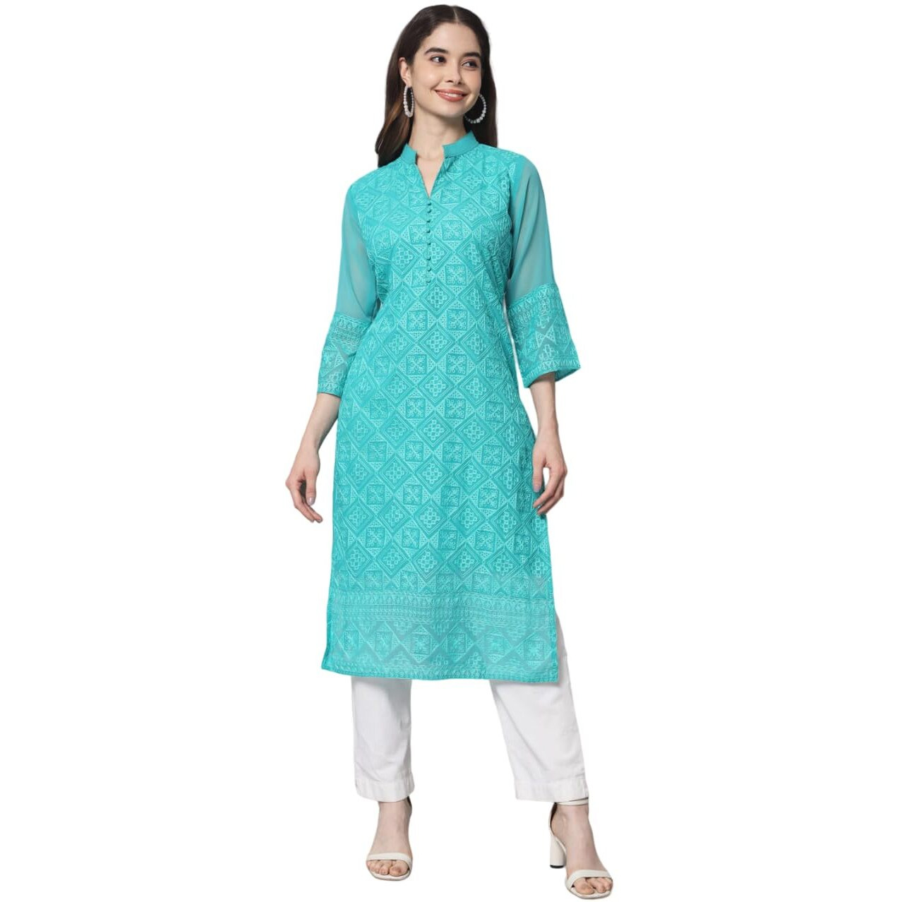 Ekasya Womens Georgette Straight Cut Notch Neck Kurta With Beautiful Embroidery Work (E1547) Sea Green