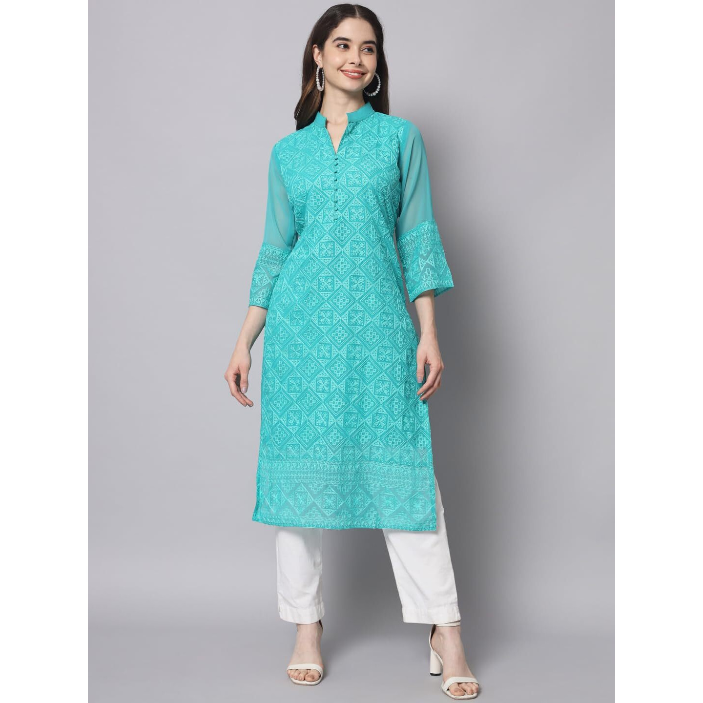 Ekasya Womens Georgette Straight Cut Notch Neck Kurta With Beautiful Embroidery Work (E1547) Sea Green