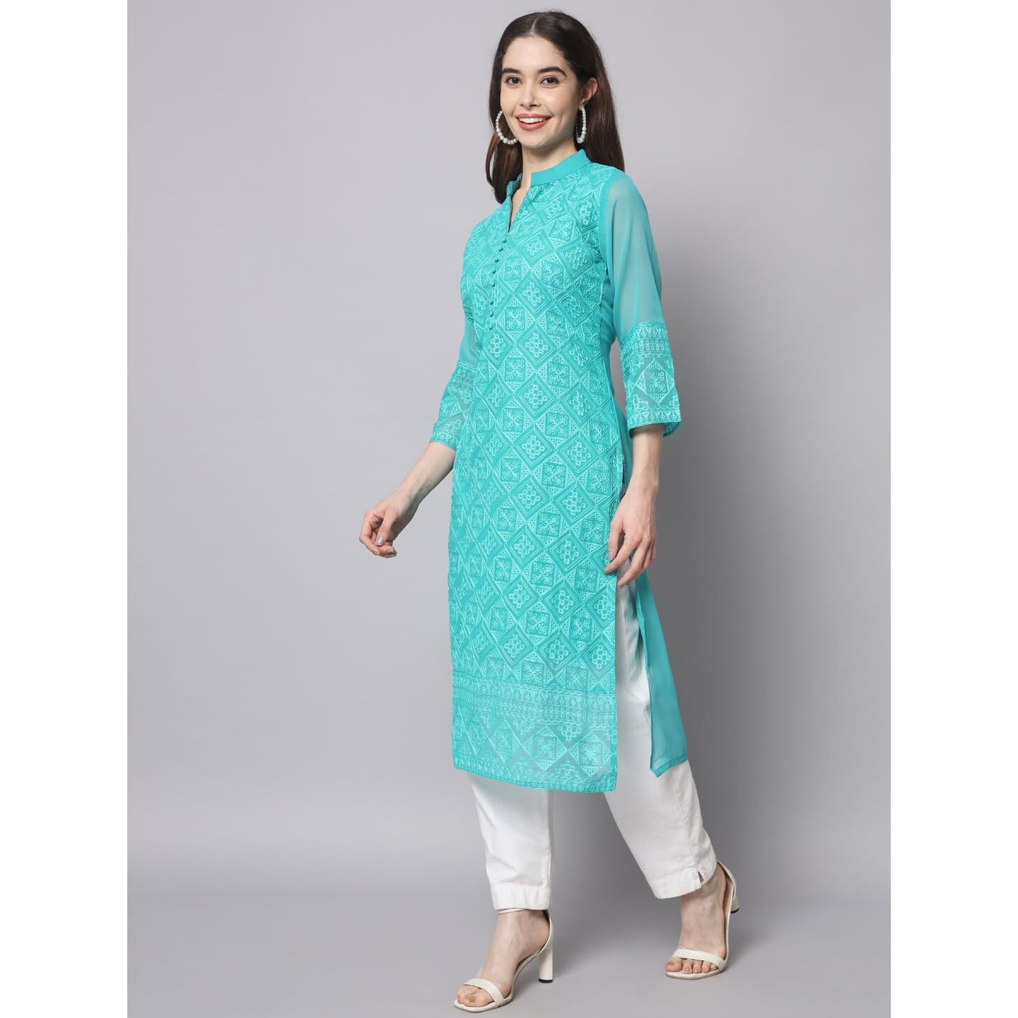 Ekasya Womens Georgette Straight Cut Notch Neck Kurta With Beautiful Embroidery Work (E1547) Sea Green