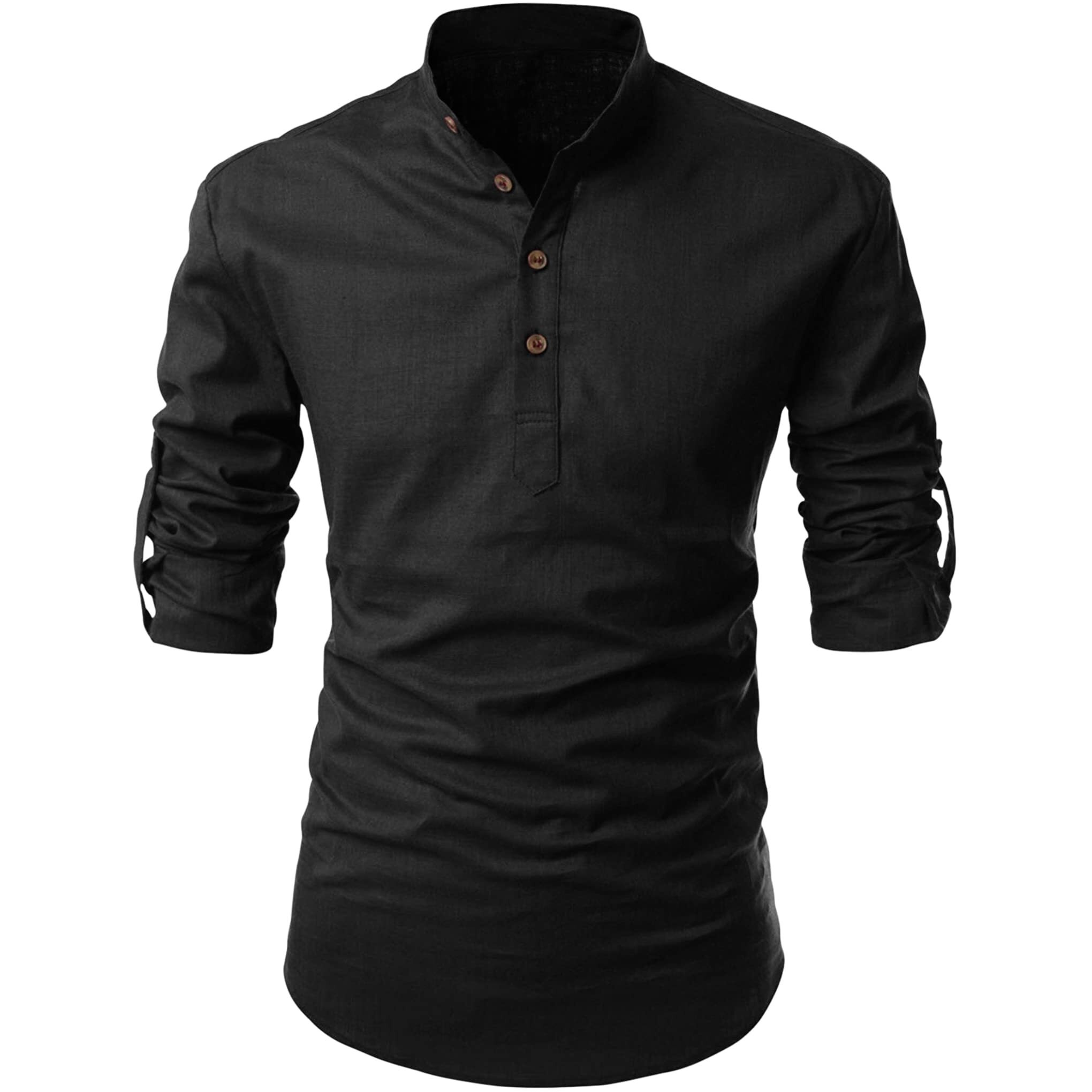 Zombom Mens Cotton Blend Solid Casual Regular Fit Mandarin/Chinese Collor Full Sleeve Kurta For Men Black