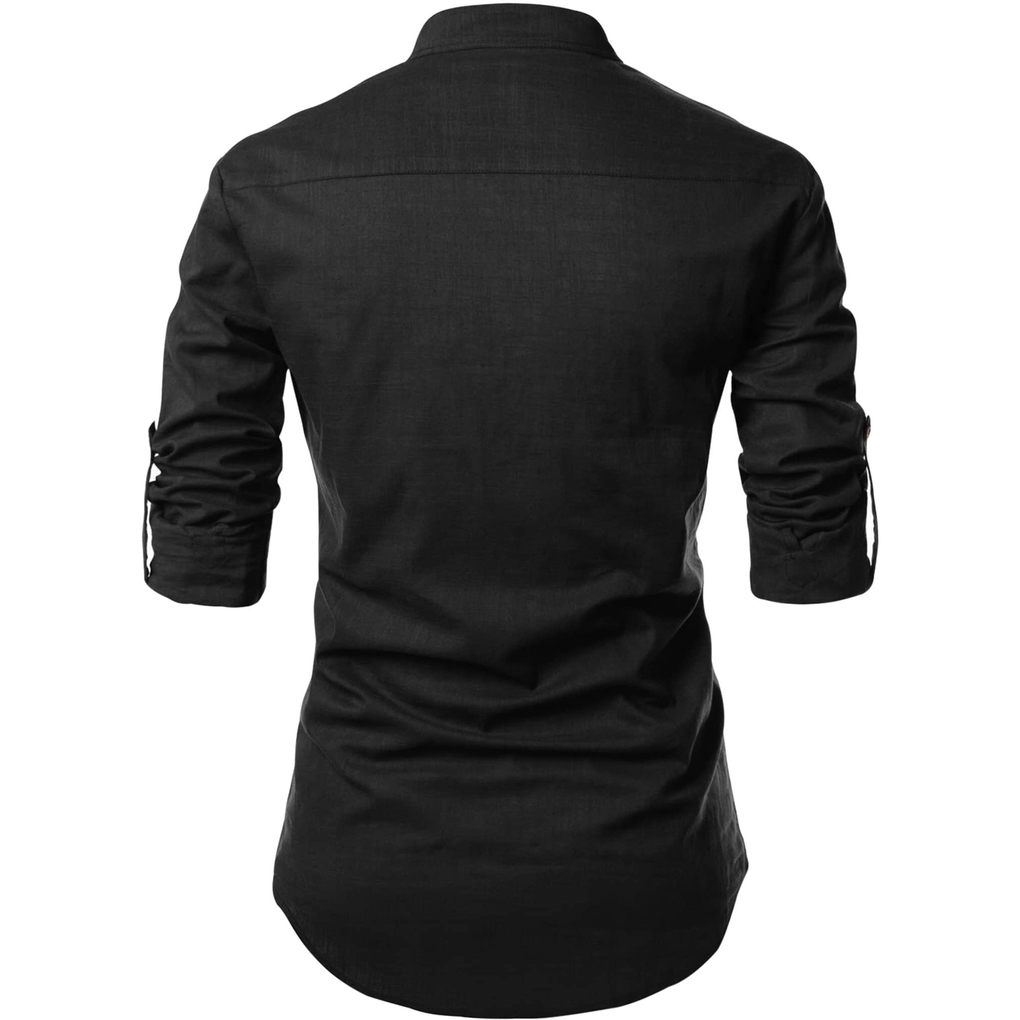 Zombom Mens Solid Cotton Blend Casual Regular Fit Mandarin/Chinese Collor Full Sleeve Kurta Shirt For Men Black