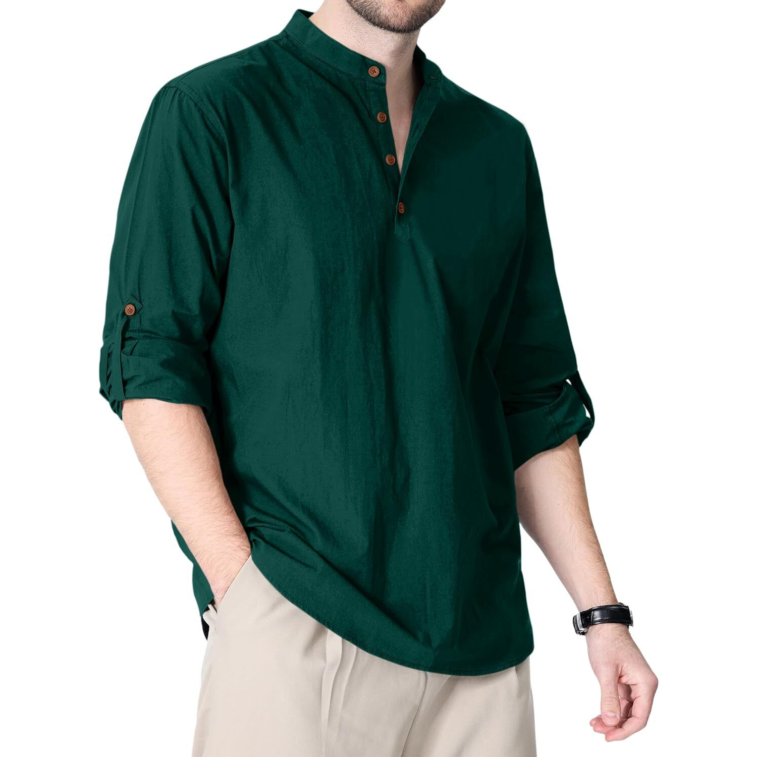 Zombom Cotton Blend Solid Casual Regular Fit Mandarin/Chinese Collor Short Kurta Shirt For Men Green