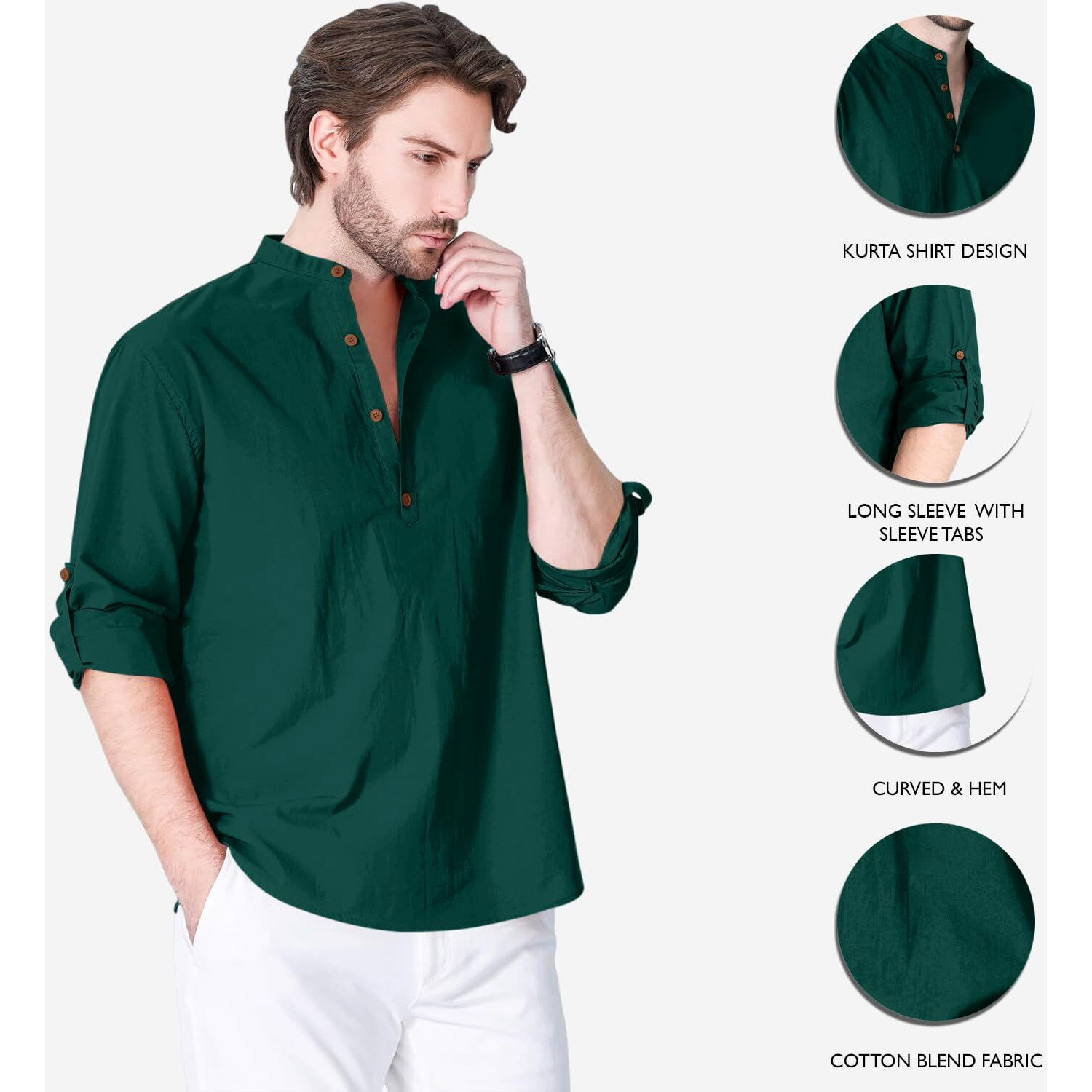 Zombom Cotton Blend Solid Casual Regular Fit Mandarin/Chinese Collor Short Kurta Shirt For Men Green
