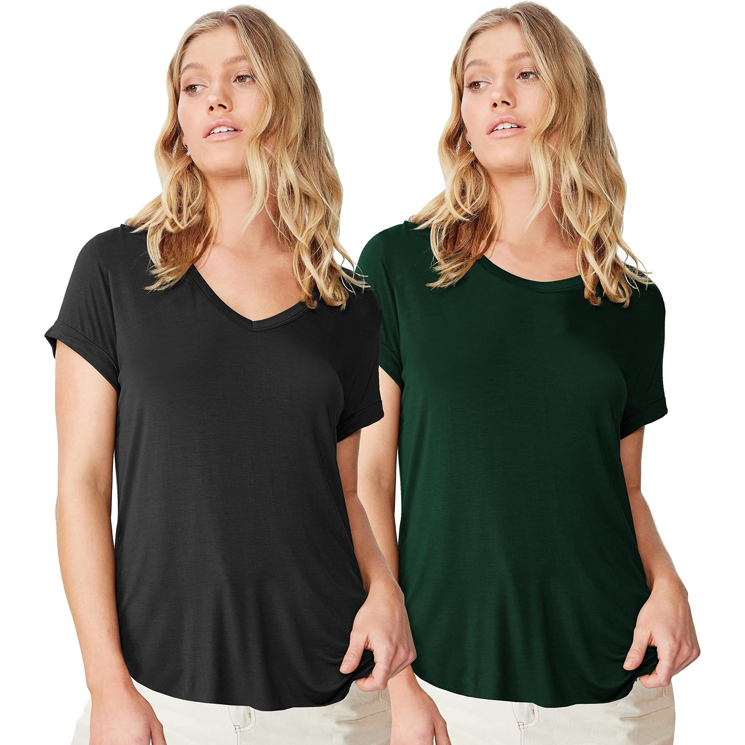 Fabricorn Combo Of Plain Black V-Neck And Bottle Green Round Neck Up And Down Cotton Tshirt For Women (Black And Bottle Green, Medium)