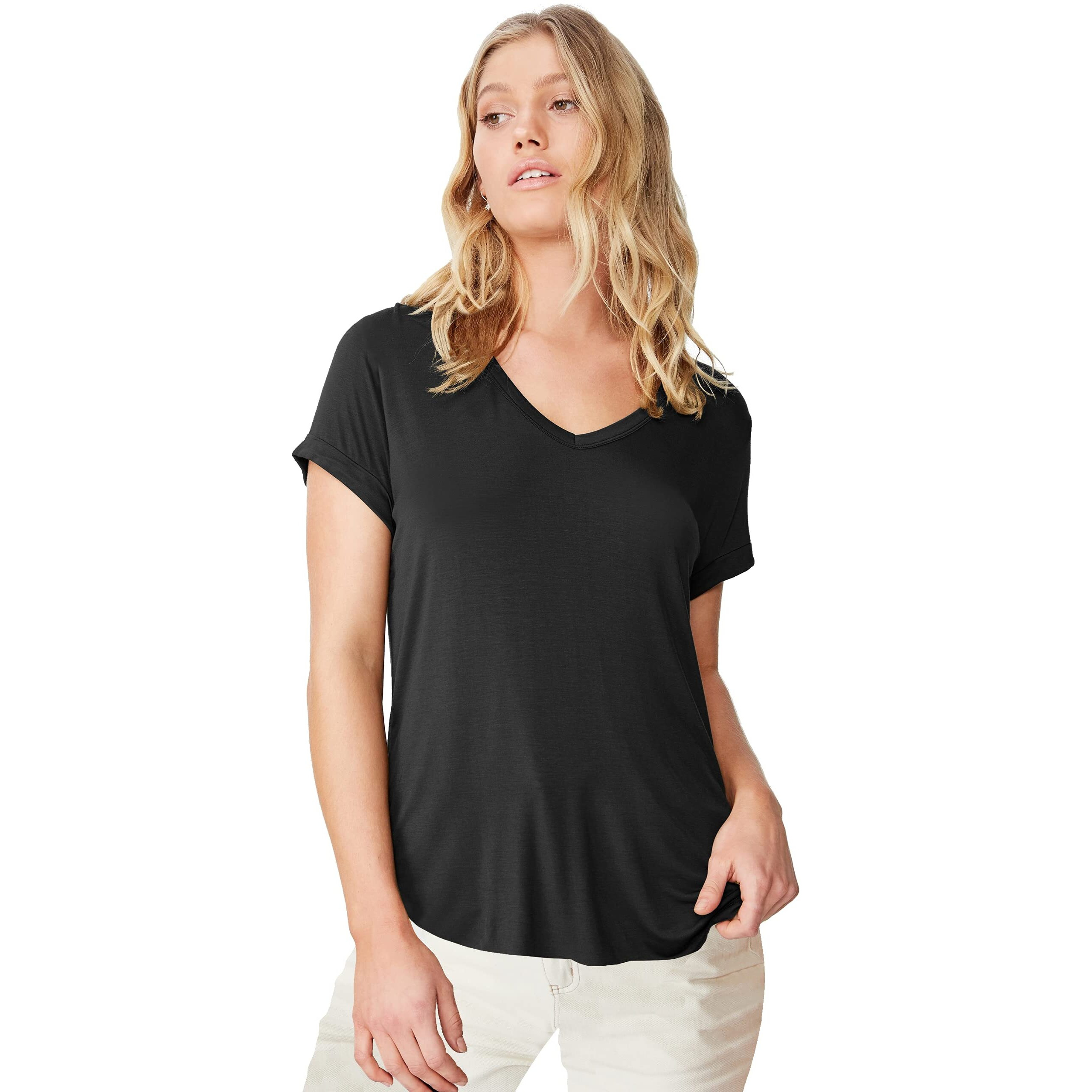 Fabricorn Combo Of Plain Black V-Neck And Bottle Green Round Neck Up And Down Cotton Tshirt For Women (Black And Bottle Green, Medium)