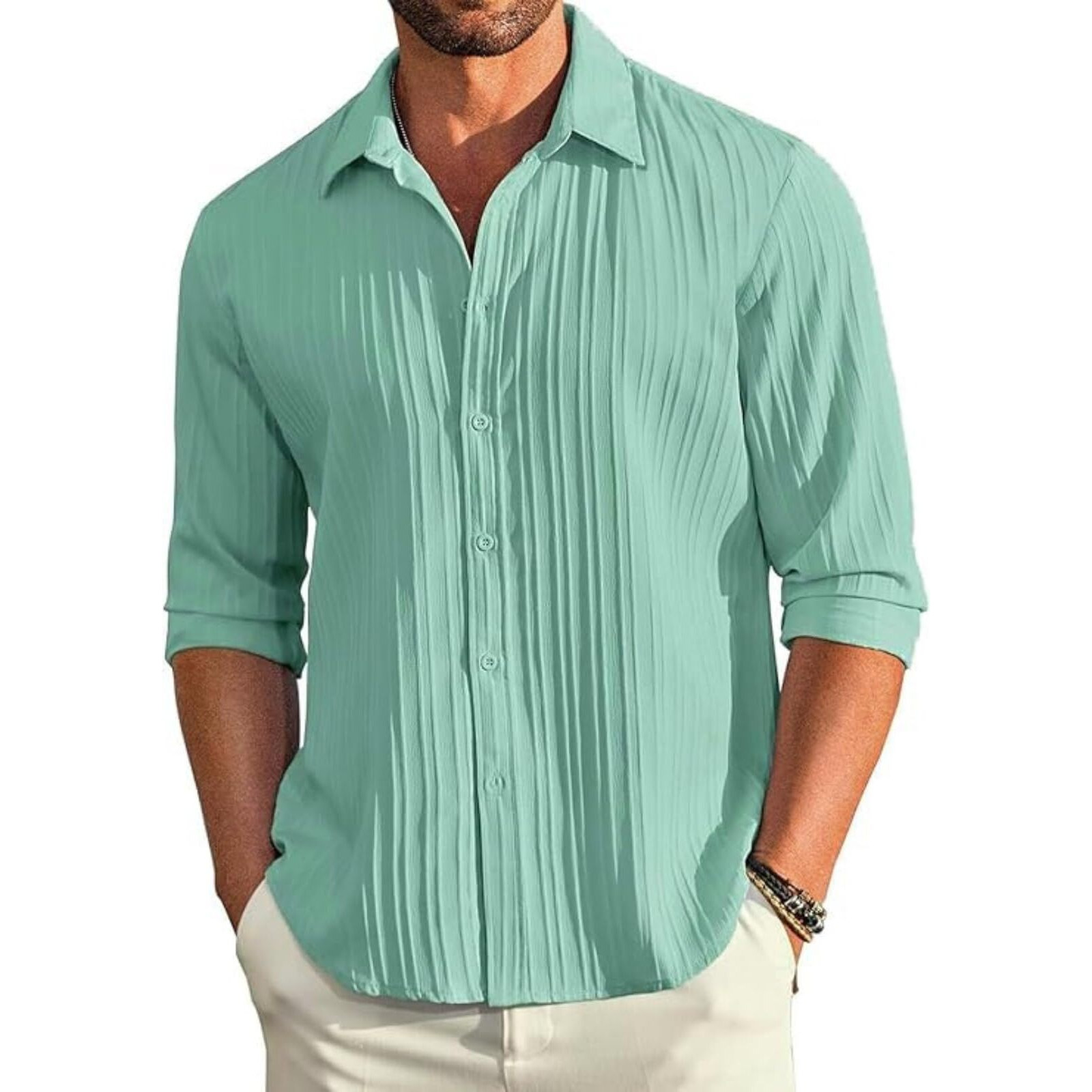 Deelmo Mens Casual Button Down Shirts Long Sleeve Linen Shirt Fashion Textured Beach Summer Shirt (In, Alpha, Xl, Regular, Sea Green)