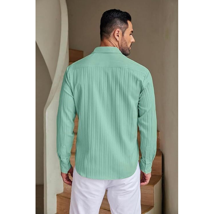 Deelmo Mens Casual Button Down Shirts Long Sleeve Linen Shirt Fashion Textured Beach Summer Shirt (In, Alpha, Xl, Regular, Sea Green)