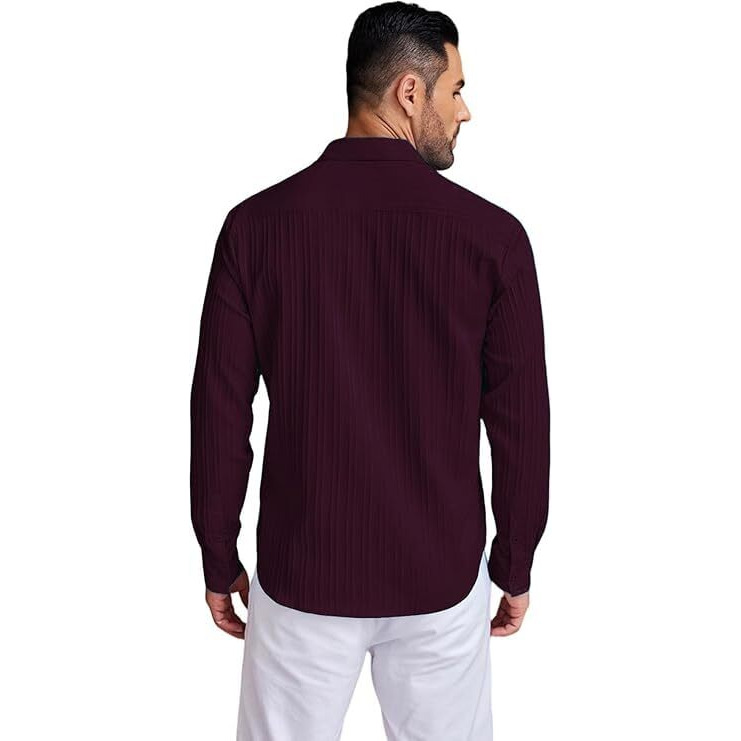 Deelmo Mens Casual Button Down Shirts Long Sleeve Linen Shirt Fashion Textured Beach Summer Shirt (In, Alpha, M, Regular, Wine)