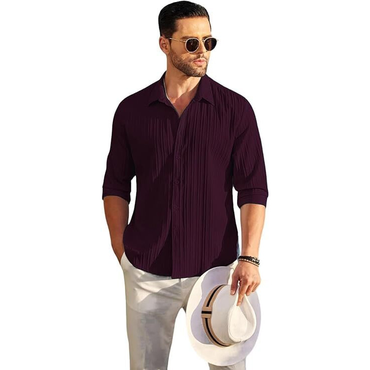 Deelmo Mens Casual Button Down Shirts Long Sleeve Linen Shirt Fashion Textured Beach Summer Shirt (In, Alpha, M, Regular, Wine)