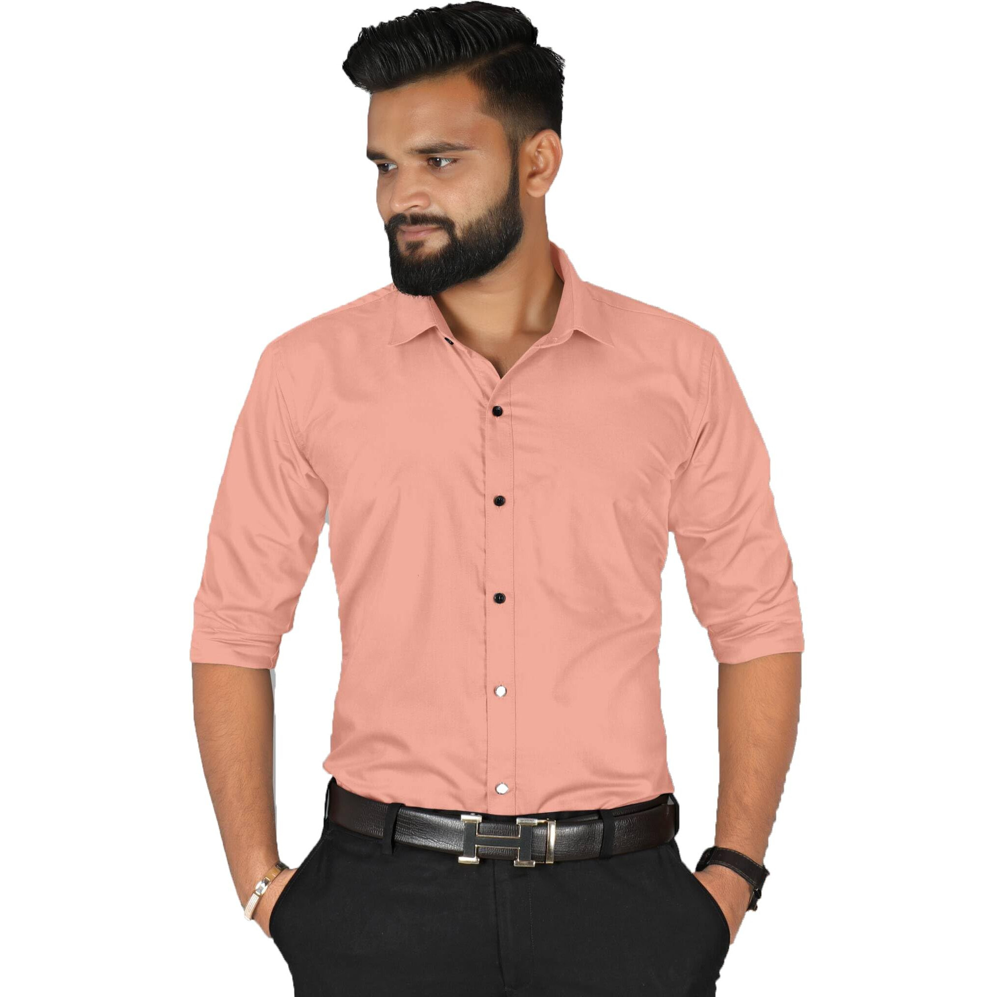 Spinify Mens Solid Regular Fit Shirt (704 Light Orange (L)