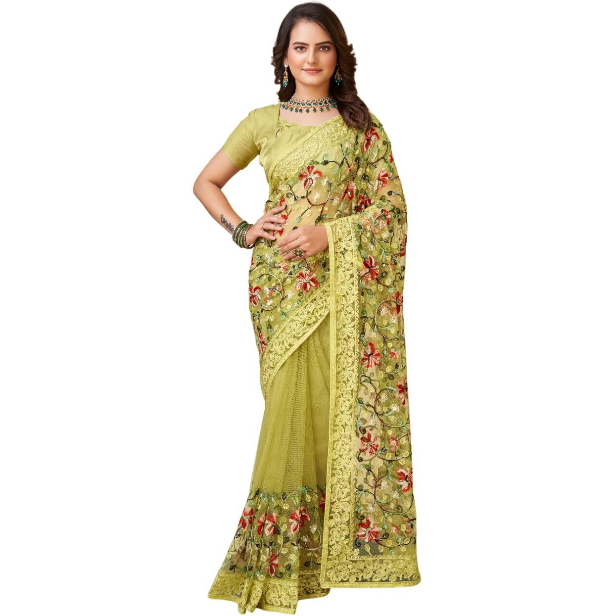 Ekasya Women Soft Net Olive Green Embroidery Saree (E6099_3) For An Elegant And Sophisticated Look. A Must-Have For Your Wardrobe, For Your Special Occasions. A Luxurious Wardrobe Essential.