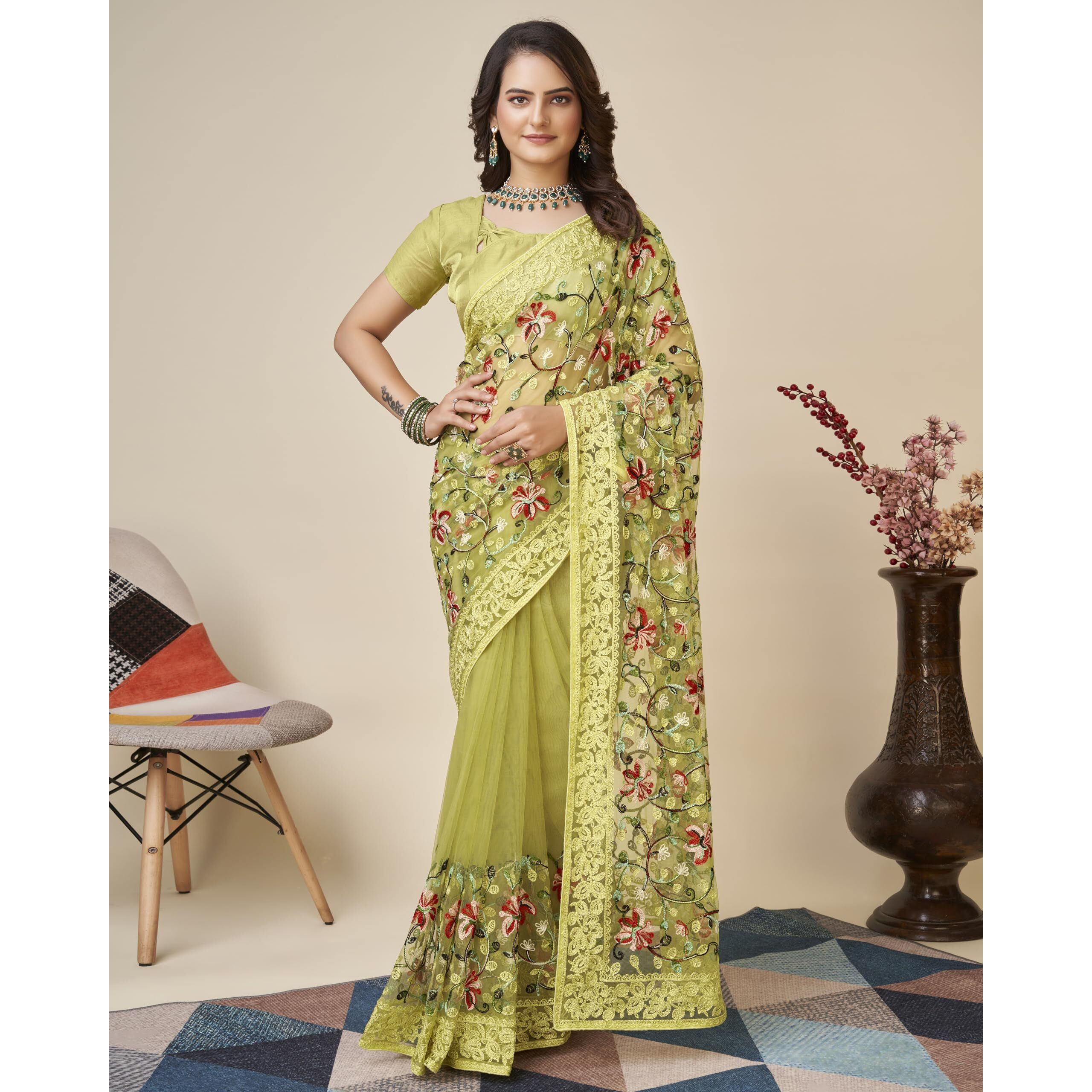Ekasya Women Soft Net Olive Green Embroidery Saree (E6099_3) For An Elegant And Sophisticated Look. A Must-Have For Your Wardrobe, For Your Special Occasions. A Luxurious Wardrobe Essential.
