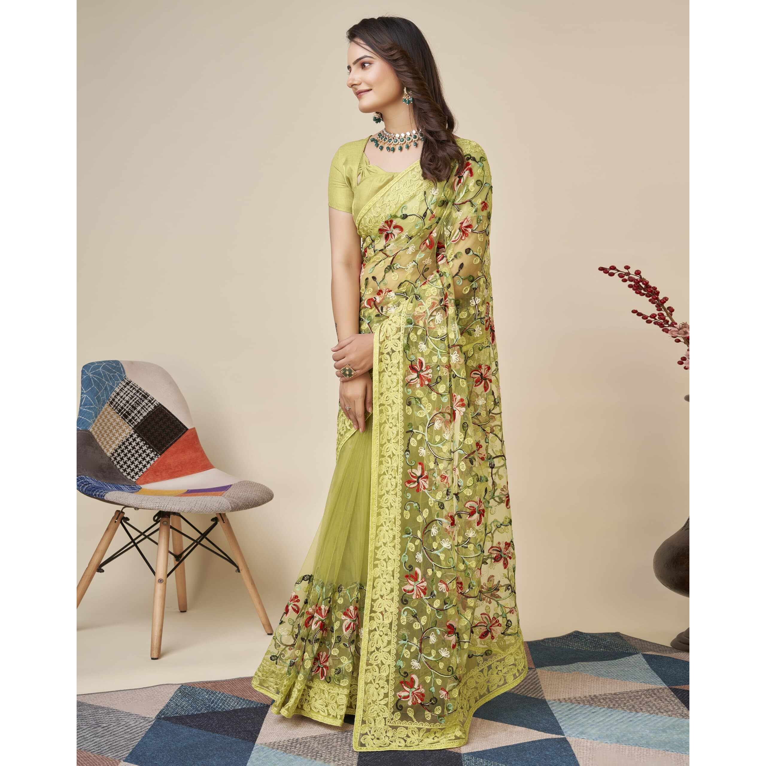 Ekasya Women Soft Net Olive Green Embroidery Saree (E6099_3) For An Elegant And Sophisticated Look. A Must-Have For Your Wardrobe, For Your Special Occasions. A Luxurious Wardrobe Essential.