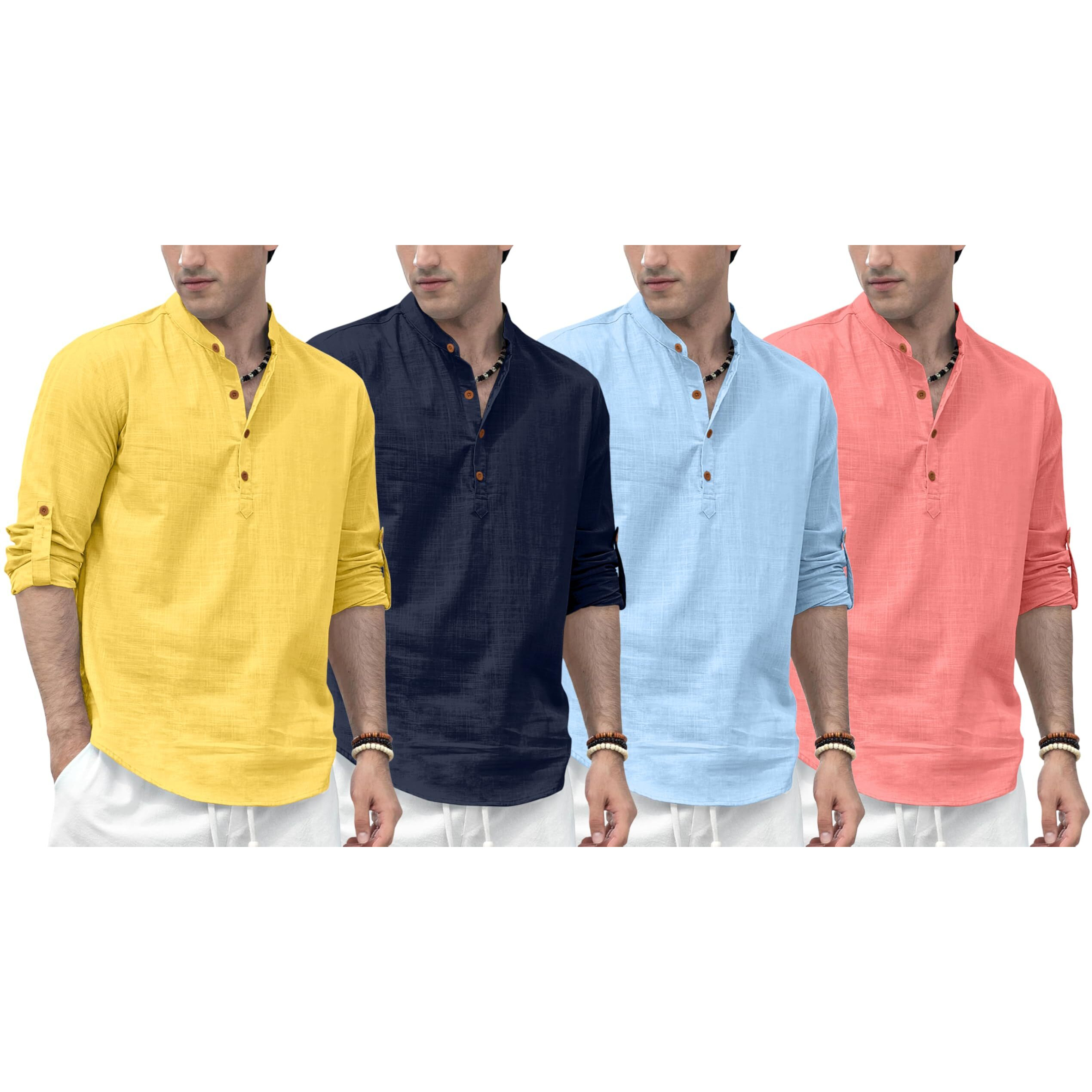Zombom Combo Of Mens Solid Cotton Blend Full Sleeve Mandarin/Chinese Collor Straight Kurta (Pack Of 4)