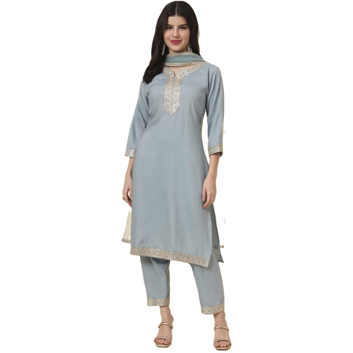 Ekasya Womens Silk Embroidered Cornflower Blue Straight Cut Calf Length Round Neck Kurta Pant With Dupatta Set (E1742)