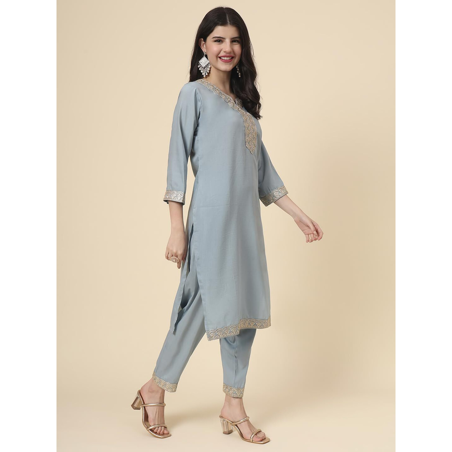 Ekasya Womens Silk Embroidered Cornflower Blue Straight Cut Calf Length Round Neck Kurta Pant With Dupatta Set (E1742)