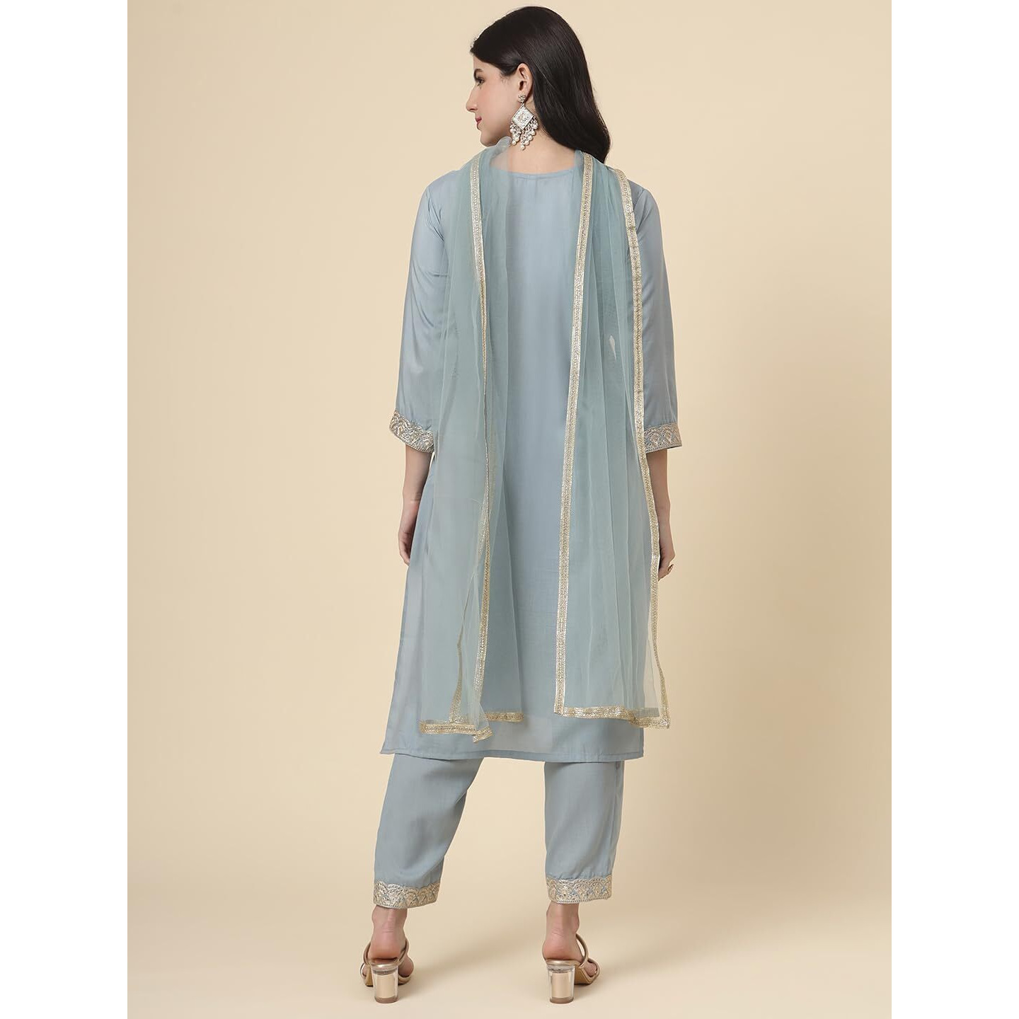 Ekasya Womens Silk Embroidered Cornflower Blue Straight Cut Calf Length Round Neck Kurta Pant With Dupatta Set (E1742)