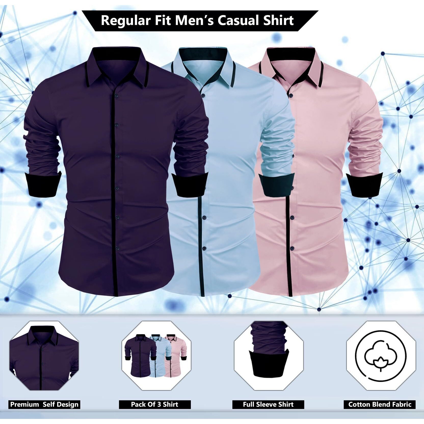 Zombom Combo Of Mens Cotton Blend Solid Regular Fit Casual Full Sleeves Shirts (Pack Of 3)