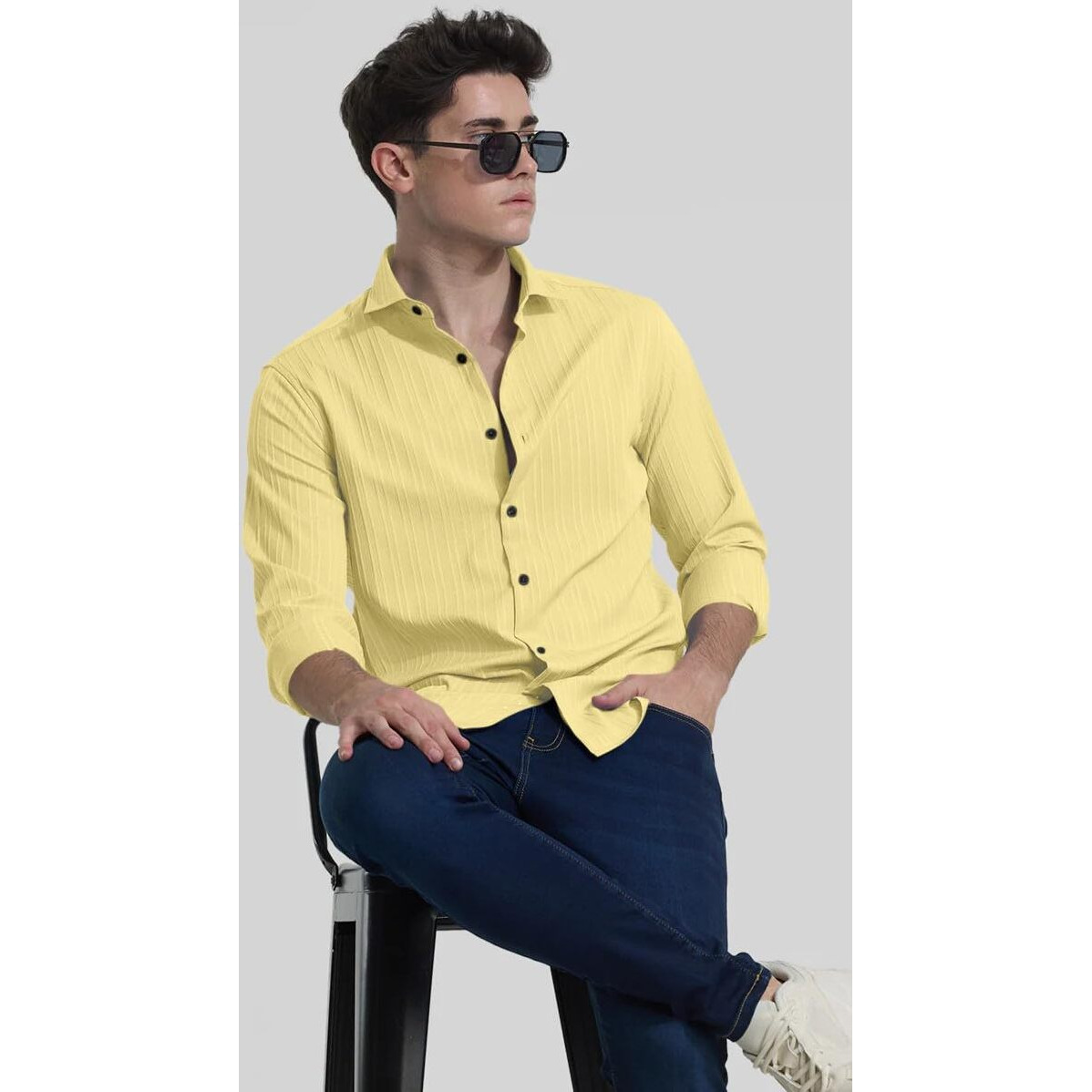 Finivo Fashion Mens Casual Cotton Plain Button Down Shirts Full Sleeve Textured Summer Beach Shirt For Men Yellow