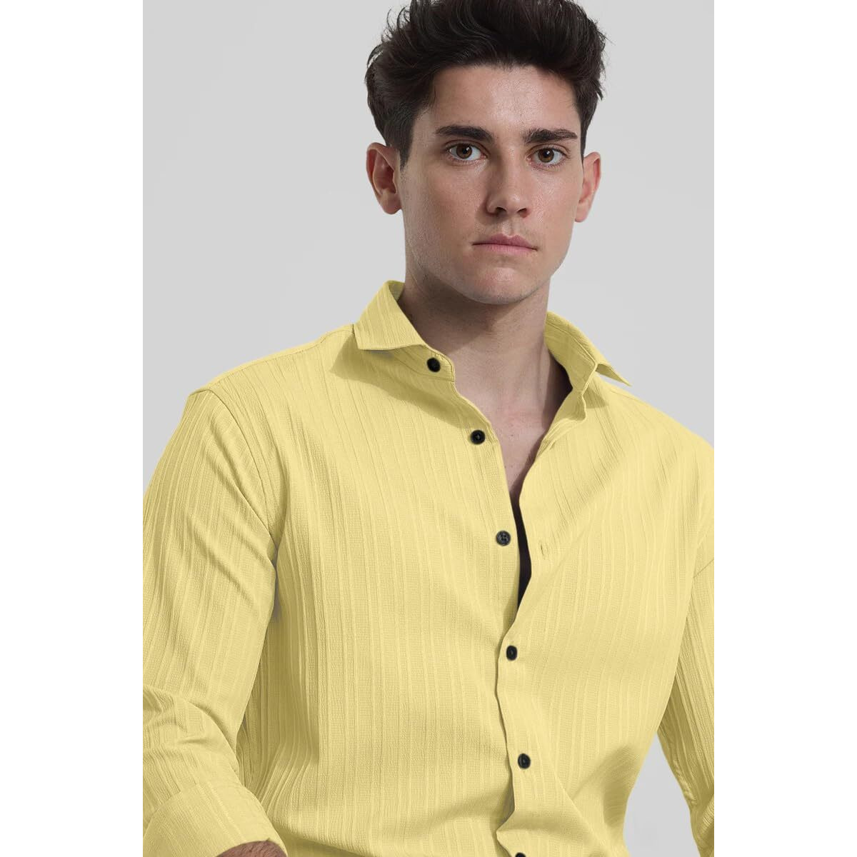 Finivo Fashion Mens Casual Cotton Plain Button Down Shirts Full Sleeve Textured Summer Beach Shirt For Men Yellow