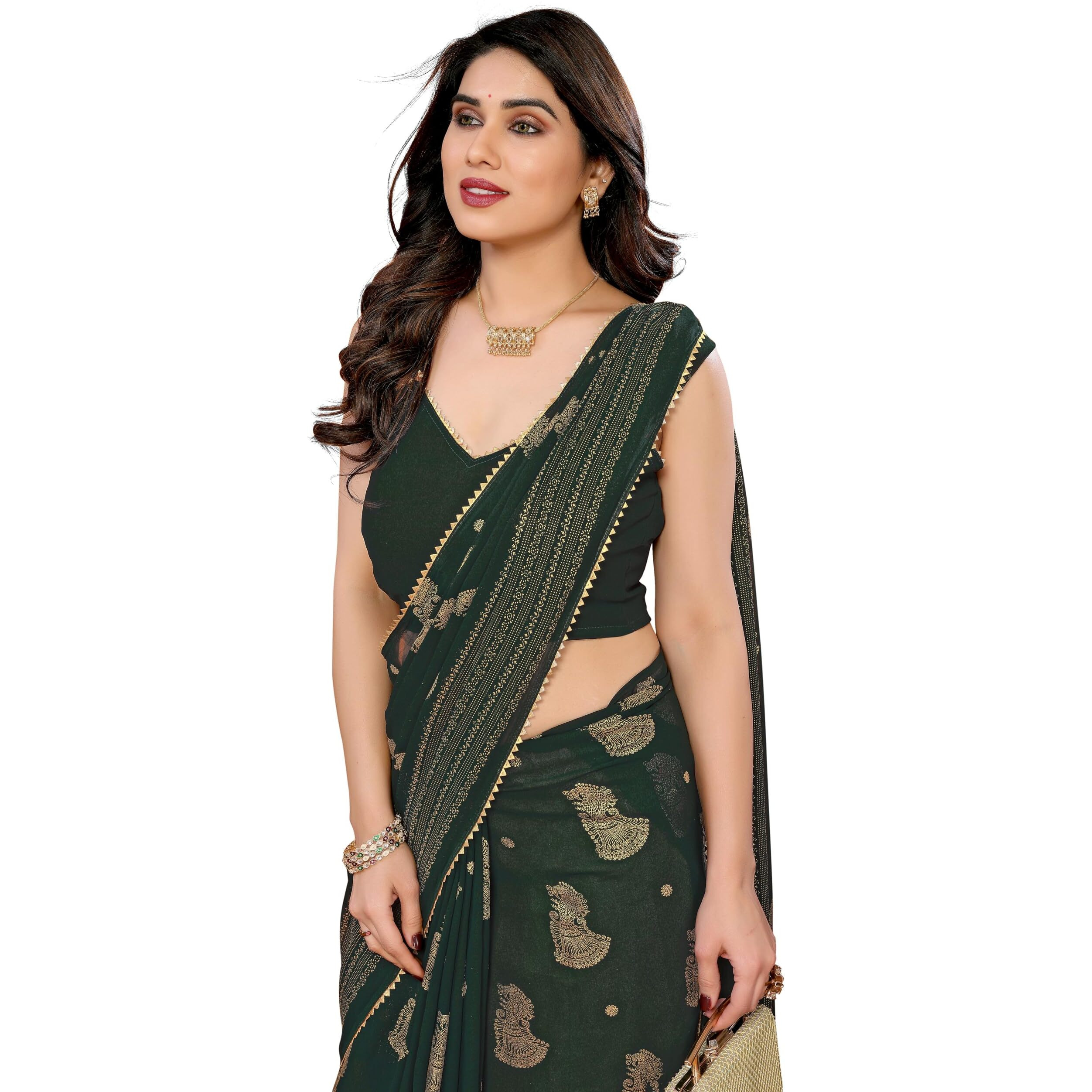 Ekasya Women Georgette Green Floral Pattern Embroidery Work Saree With Unstitched Blouse (E6316_3)