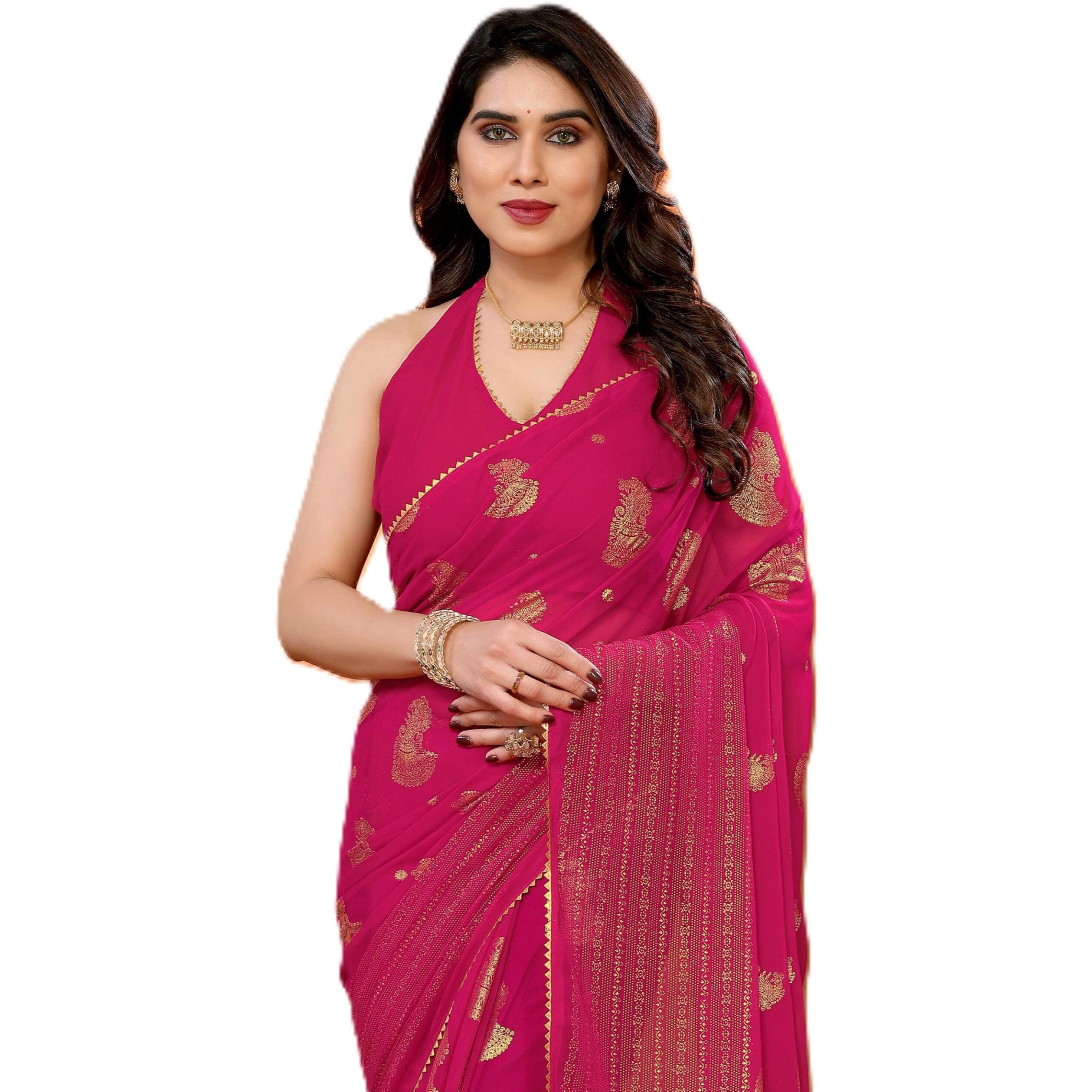 Ekasya Women Georgette Pink Floral Pattern Embroidery Work Saree With Unstitched Blouse (E6316_2)