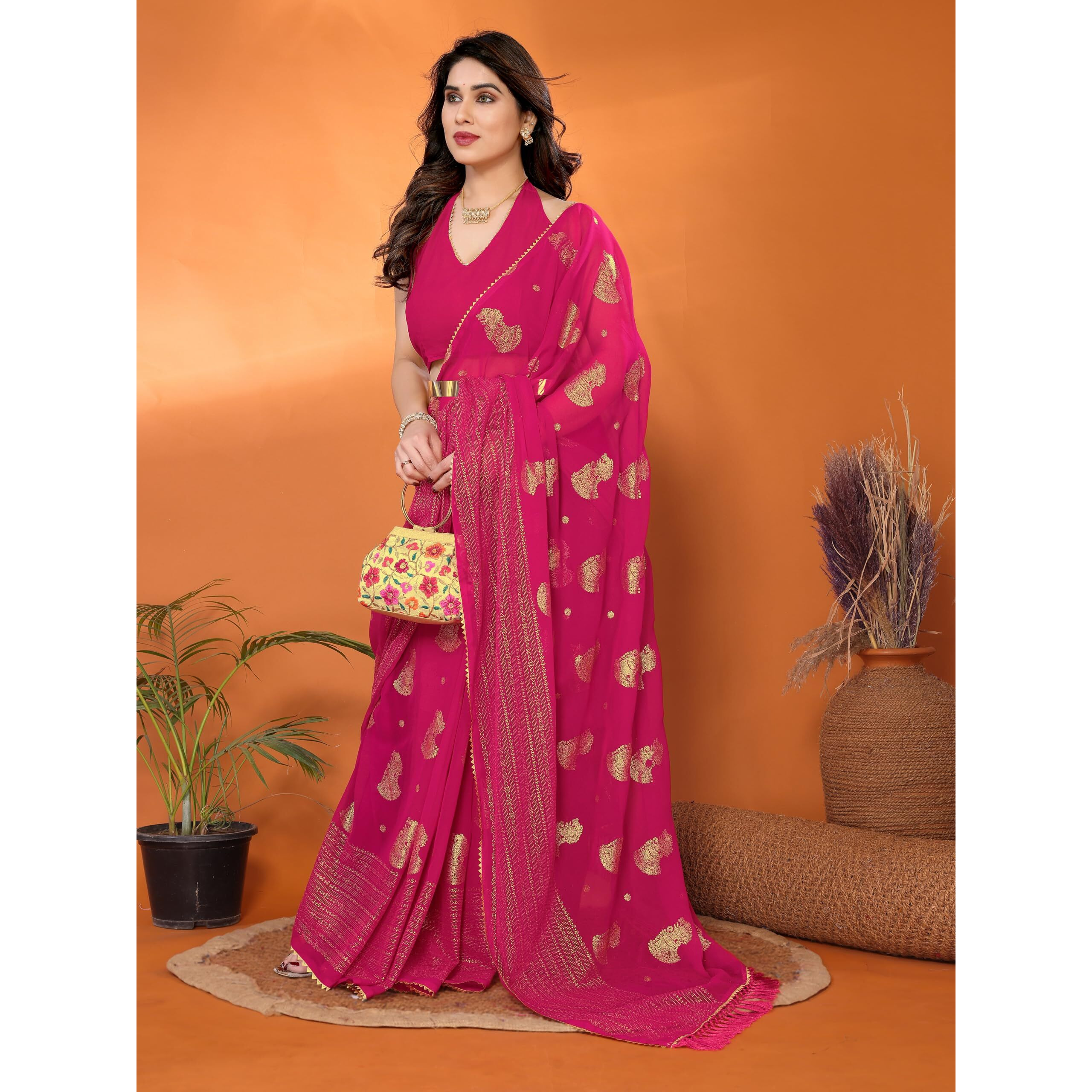 Ekasya Women Georgette Pink Floral Pattern Embroidery Work Saree With Unstitched Blouse (E6316_2)