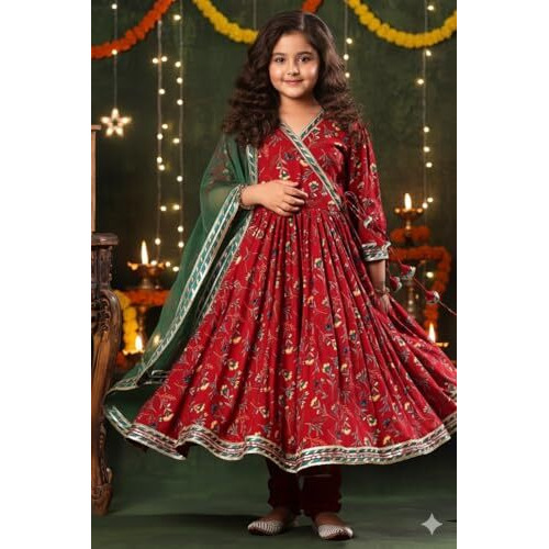 Naixa Girls Red Anarkali Side Tassels Work Kurta Set With V Nack 3/4 Sleeves Lace Work And Solid Green Golden Lace Dupatta_7 Years-8 Years