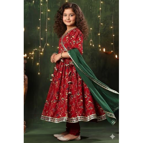 Naixa Girls Red Anarkali Side Tassels Work Kurta Set With V Nack 3/4 Sleeves Lace Work And Solid Green Golden Lace Dupatta_7 Years-8 Years