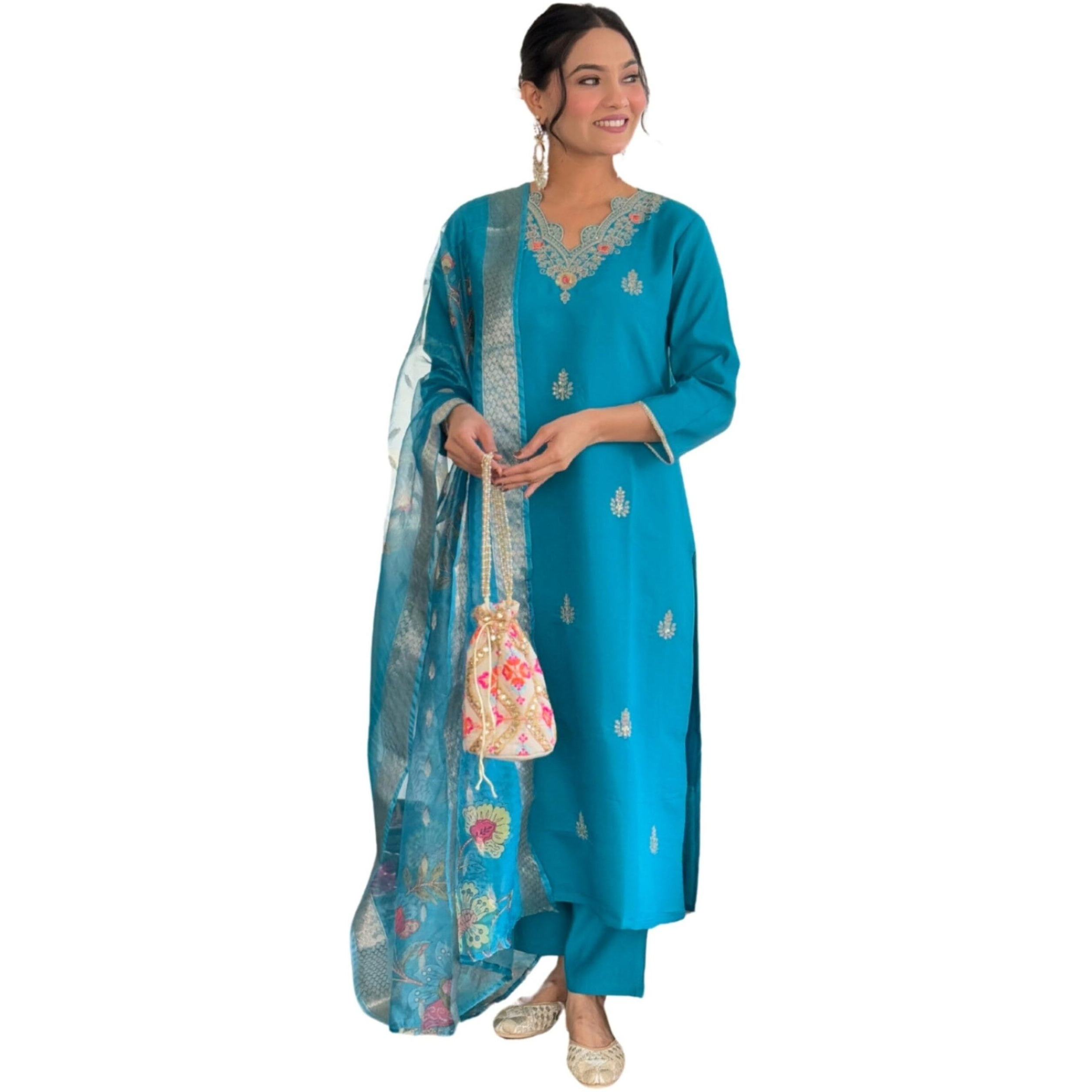 Naixa Womens Firoji Viscose Embroidered Straight Kurta With Viscose Pant And Jacquard Printed Dupatta Sets (Nx-690-Firoji-3Xl)