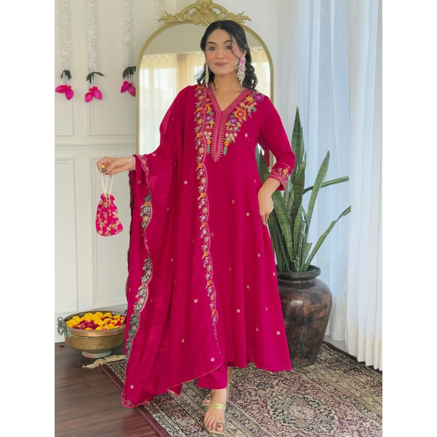 Naixa Womens Rani Vichitra Silk Embroidered Straight Kurta With Rayon Pant And Vichitra Silk Embroidered Laced Dupatta Sets (Nx-695-Rani-Xxl)