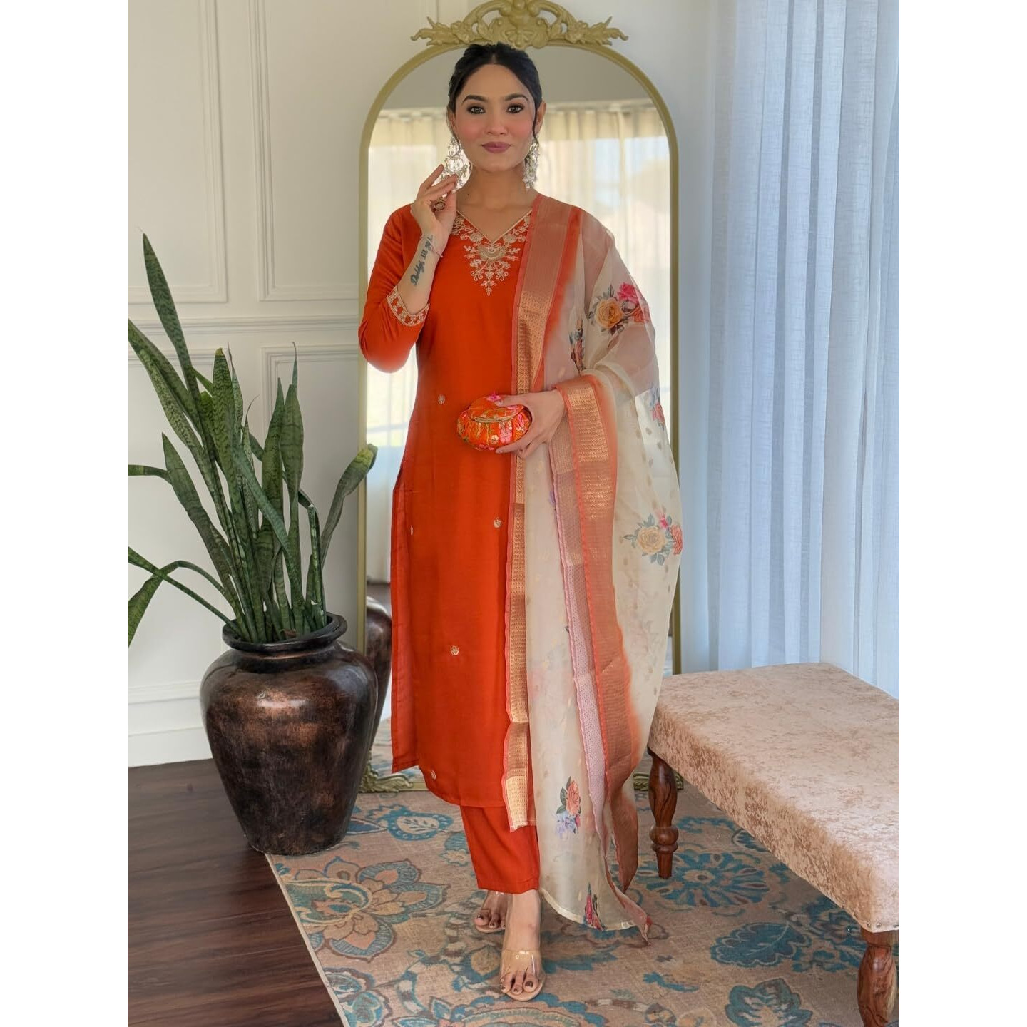 Naixa Womens Rust Bsy Viscose Embroidered Straight Kurta With Bsy Viscose Pant And Organza Jacquard With Digital Print Dupatta Sets (Nx-684-Rust-S)