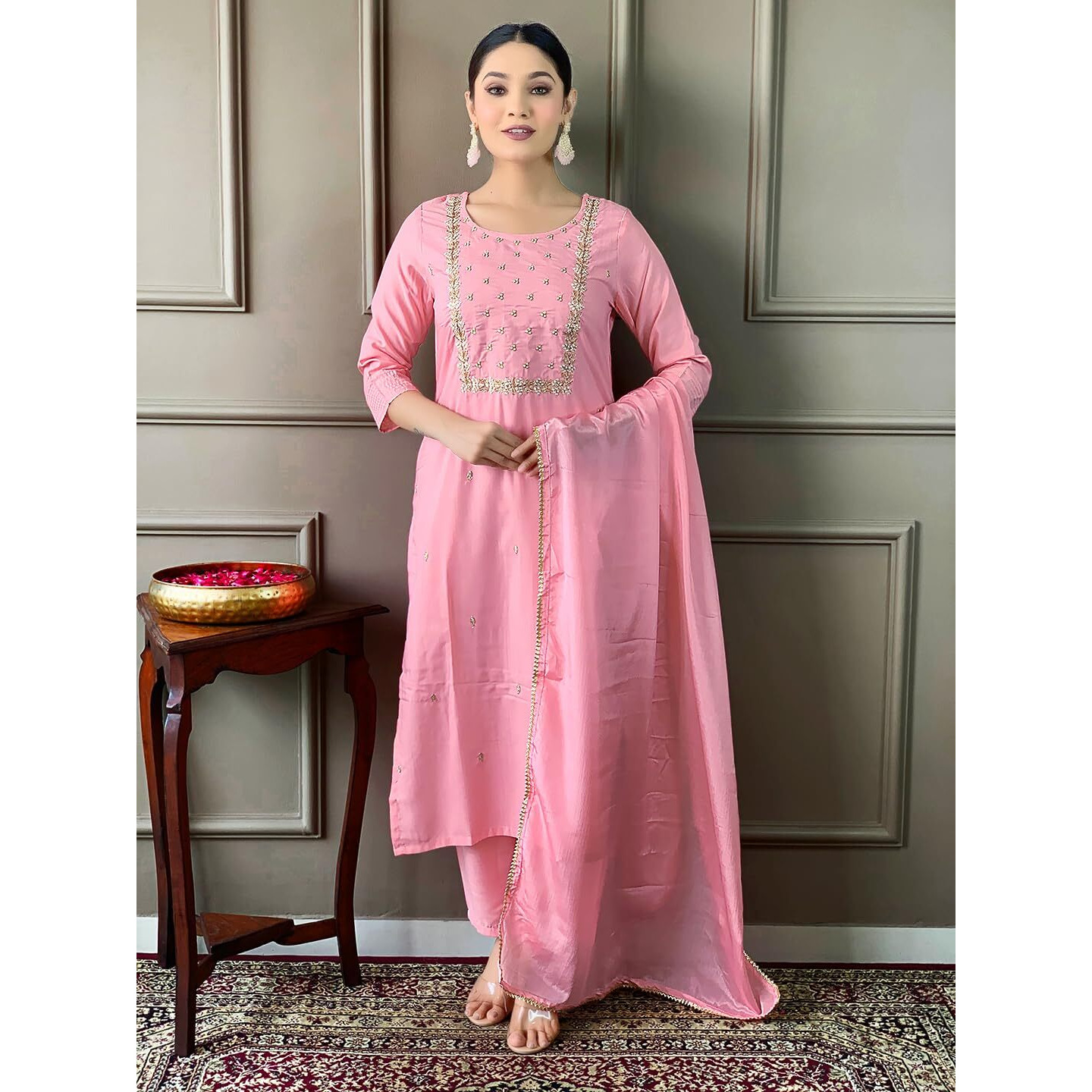 Naixa Womens Peach Rayon Slub Embroidered Straight Kurta With Rayon Slub Pant And Chinon Laced Dupatta Sets (M-Pragati-Peach-L)