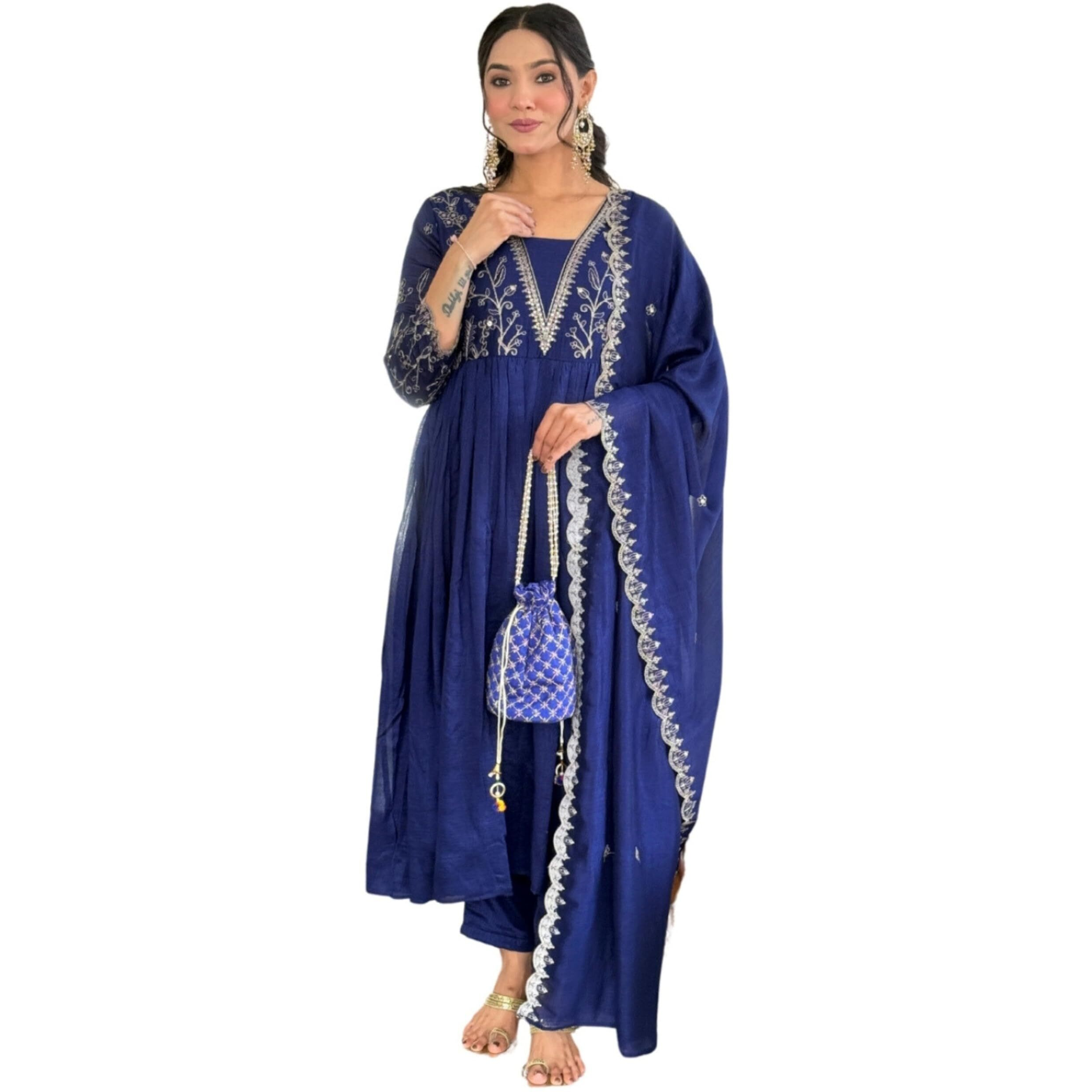 Naixa Womens Blue Vichitra Silk Embroidered Flared Kurta With Rayon Pant And Vichitra Silk Laced Dupatta Sets (Nx-688-Blue-Xl)