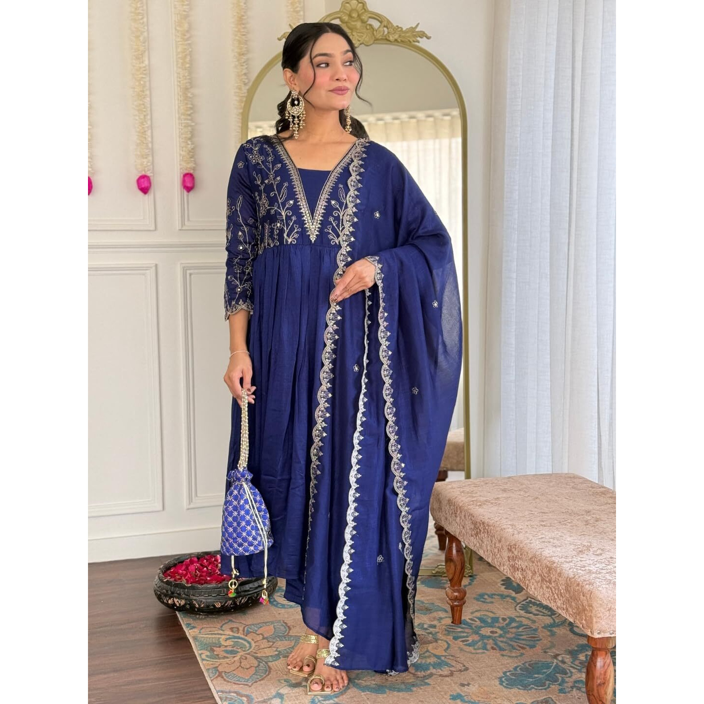 Naixa Womens Blue Vichitra Silk Embroidered Flared Kurta With Rayon Pant And Vichitra Silk Laced Dupatta Sets (Nx-688-Blue-Xl)