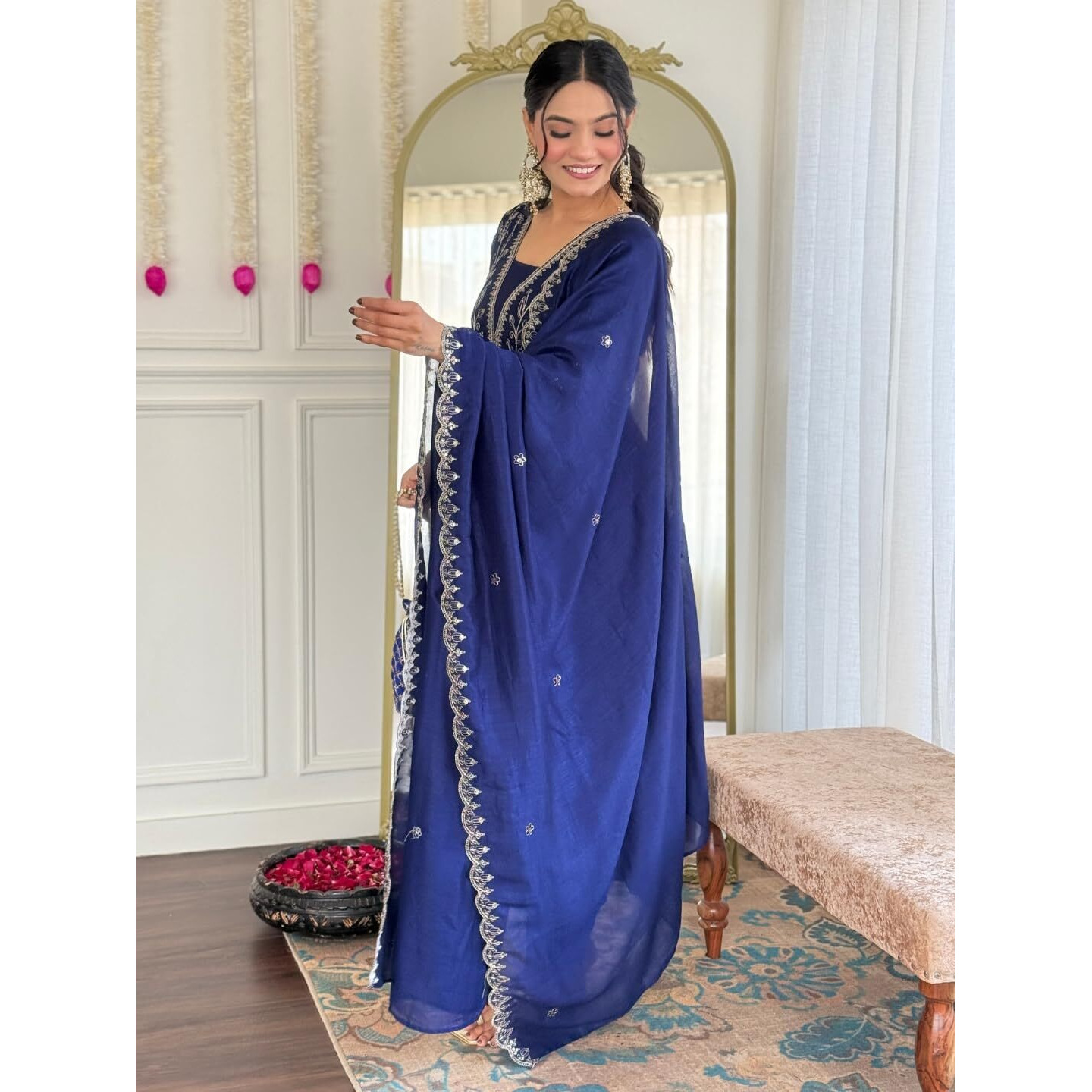 Naixa Womens Blue Vichitra Silk Embroidered Flared Kurta With Rayon Pant And Vichitra Silk Laced Dupatta Sets (Nx-688-Blue-Xl)