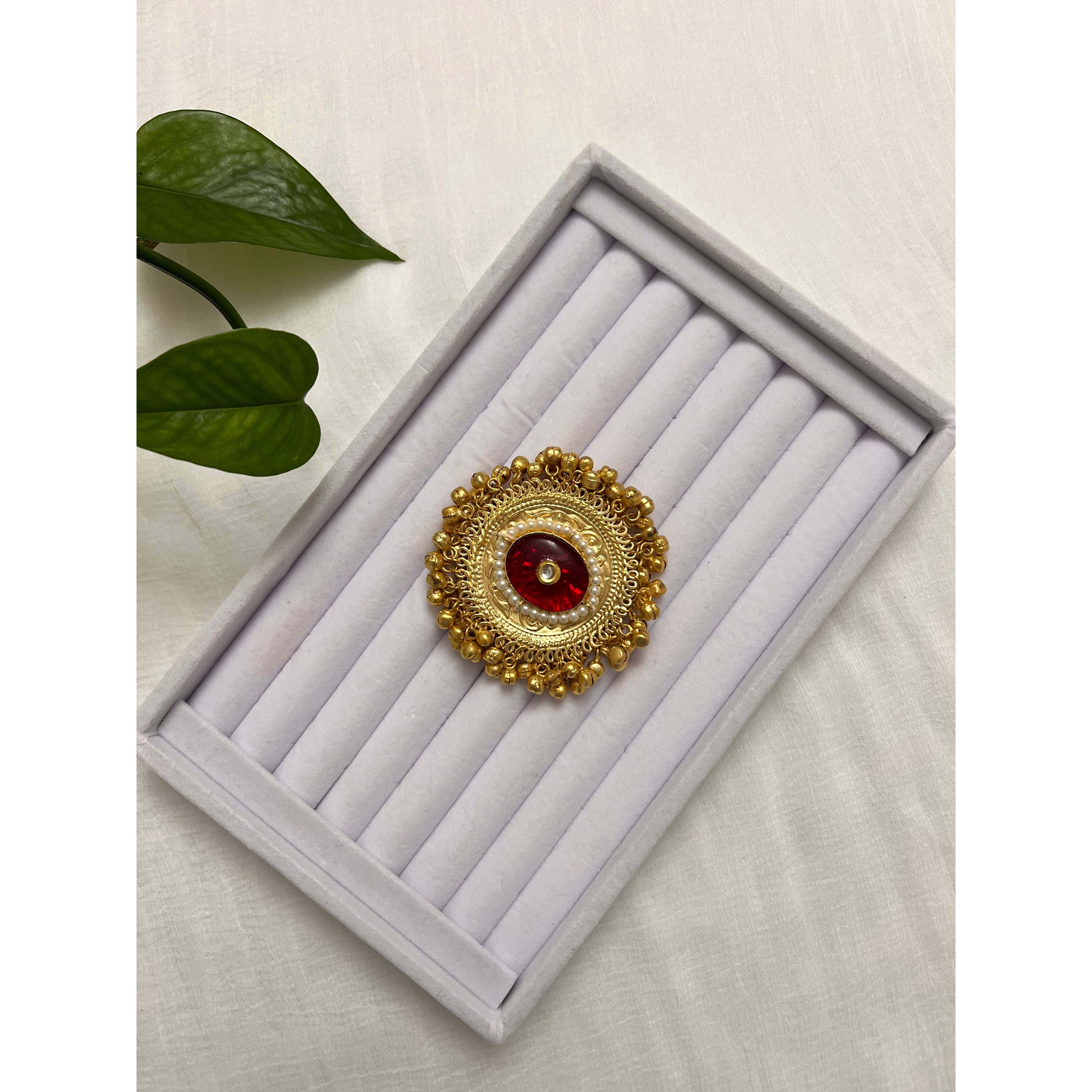 Statement ghungroo ring | Golden matte finish red stone ring | Indian jewelry
