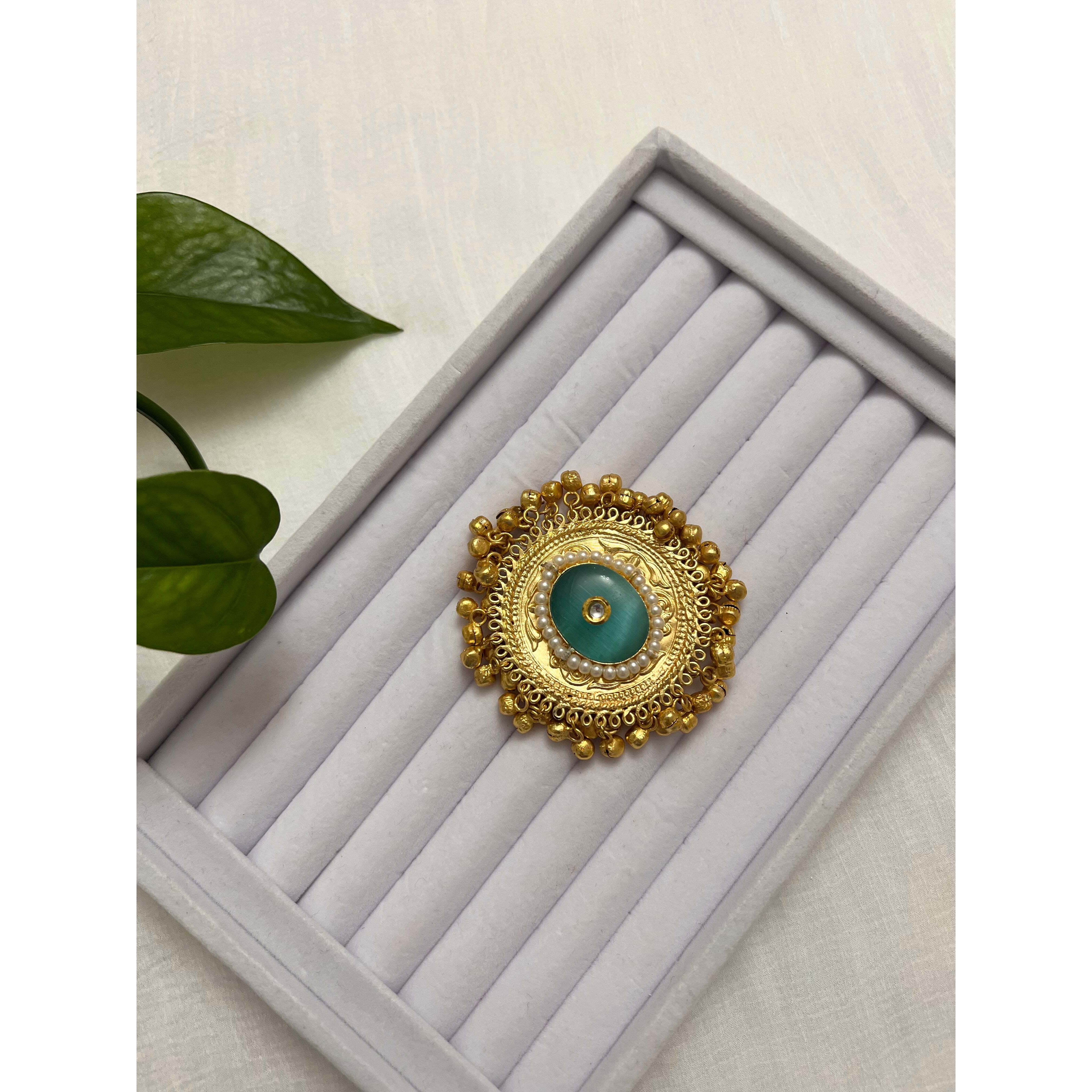 Statement ghungroo ring | Golden matte finish turquoise / feroza stone ring | Indian jewelry