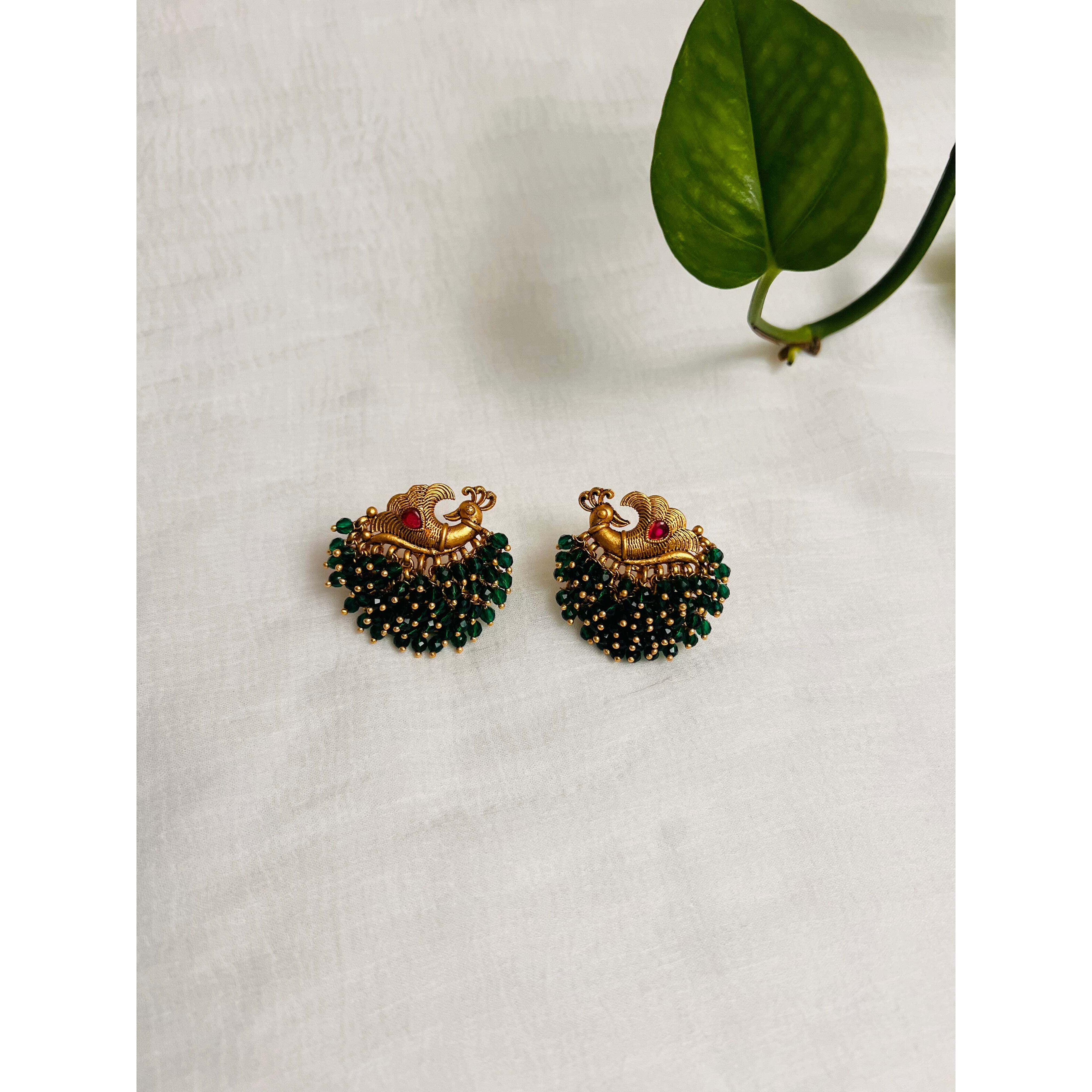 Green beads and golden antique studs with matte finish | Indian golden earring with peacock